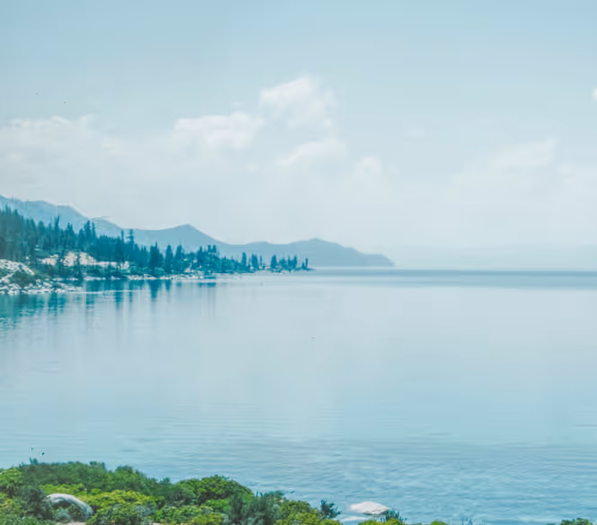 Calm lake with clear blue water, a tree-lined rocky shoreline, and distant mountains under a partly cloudy sky.