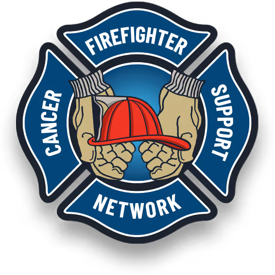 Cancer Firefighter Support Network logo with firefighter gloves holding a red helmet inside a blue Maltese cross.