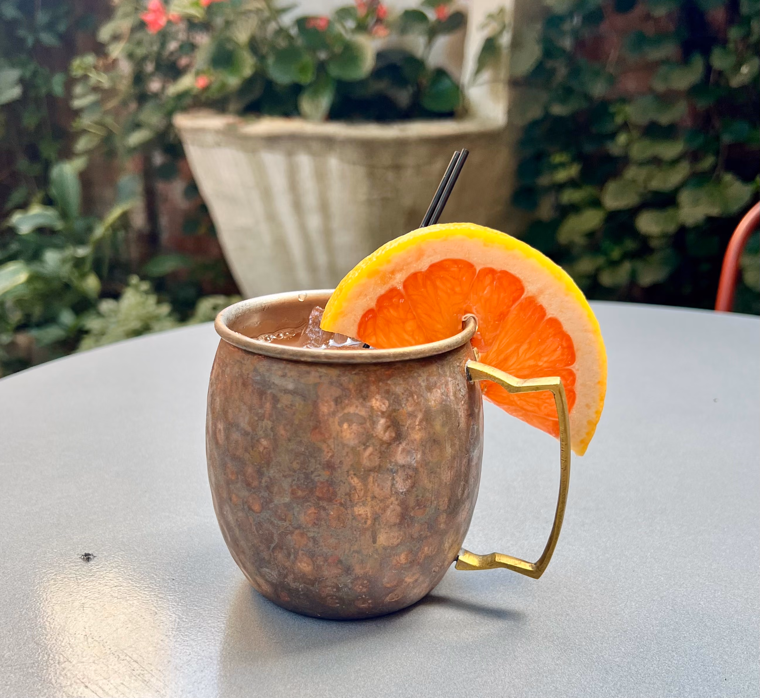 Copper mug with ice and grapefruit slice on gray table, outdoor setting with plants.