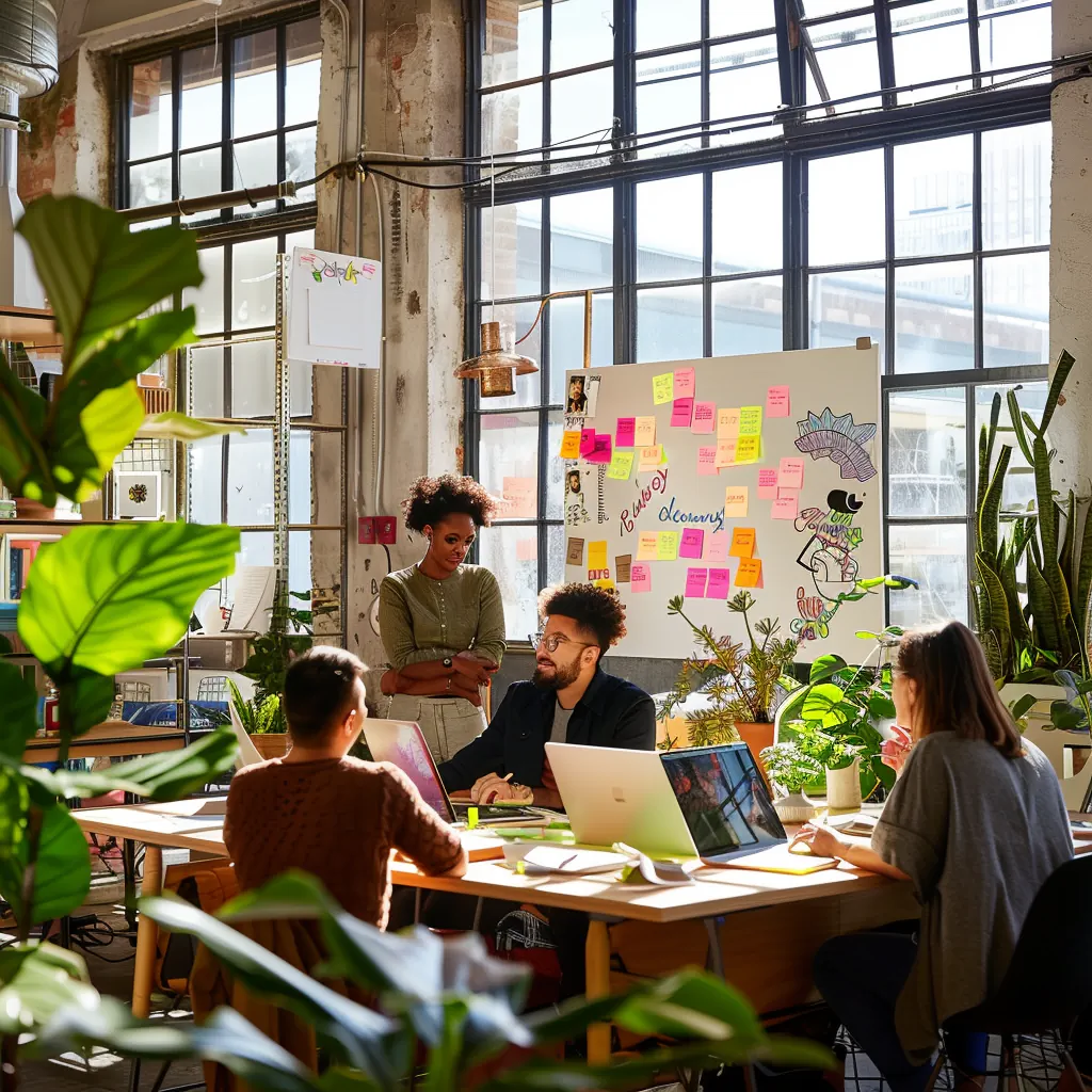 Équipe en réunion de travail autour d'ordinateurs portables, devant un tableau couvert de post-it
