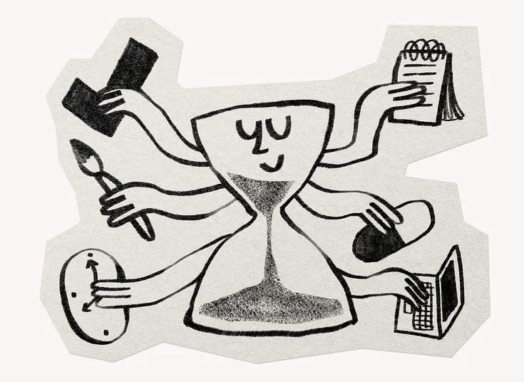 Illustration d'un sablier à plusieurs bras jonglant entre téléphone, carnet, ordinateur, pinceau et horloge