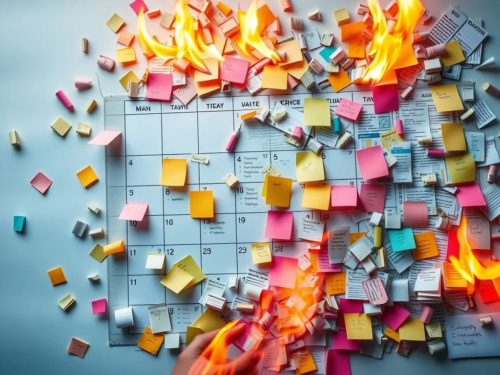 Calendrier couvert de post-it en train de brûler