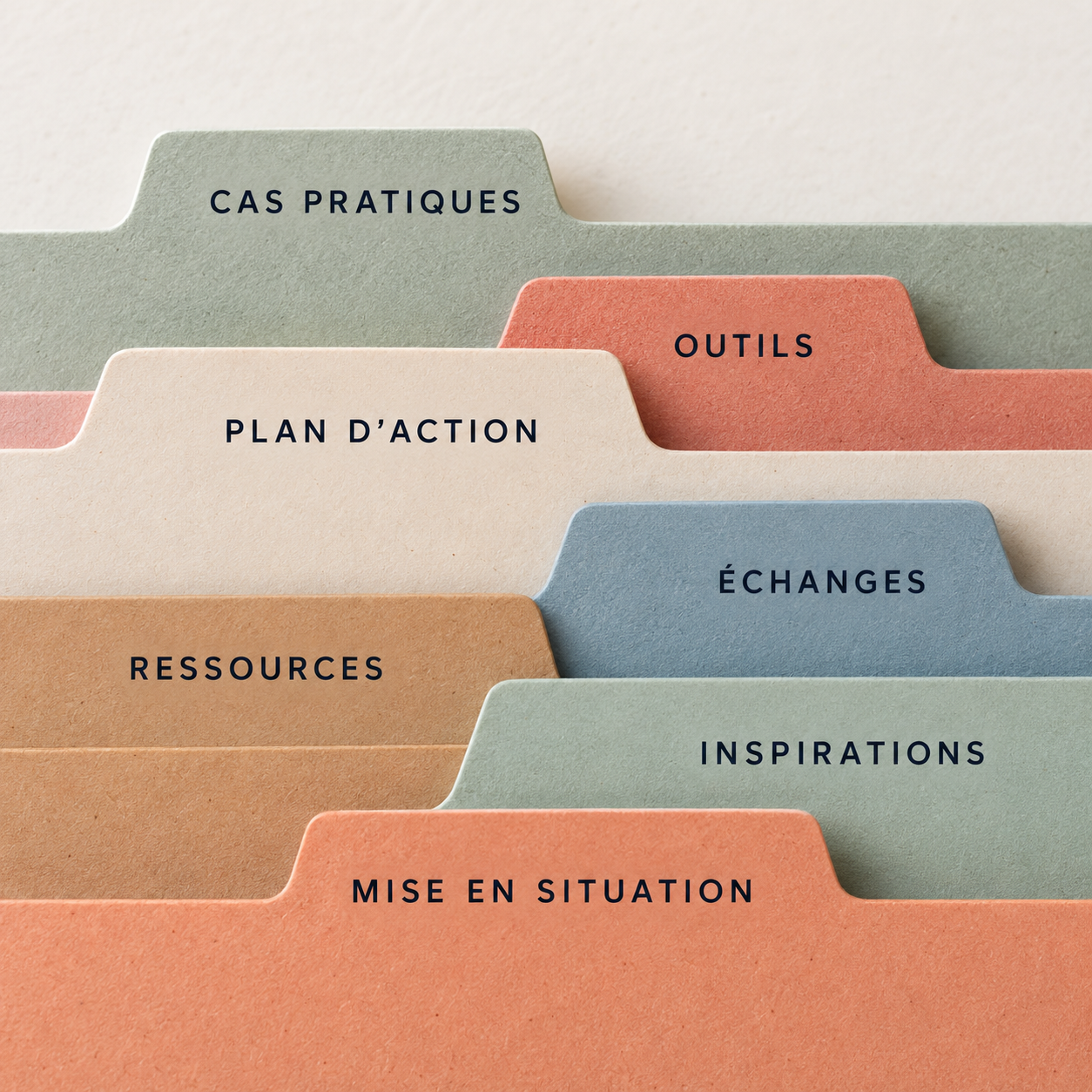 Intercalaires colorés intitulés cas pratiques, outils, plan d'action, échanges, ressources, inspirations et mise en situation