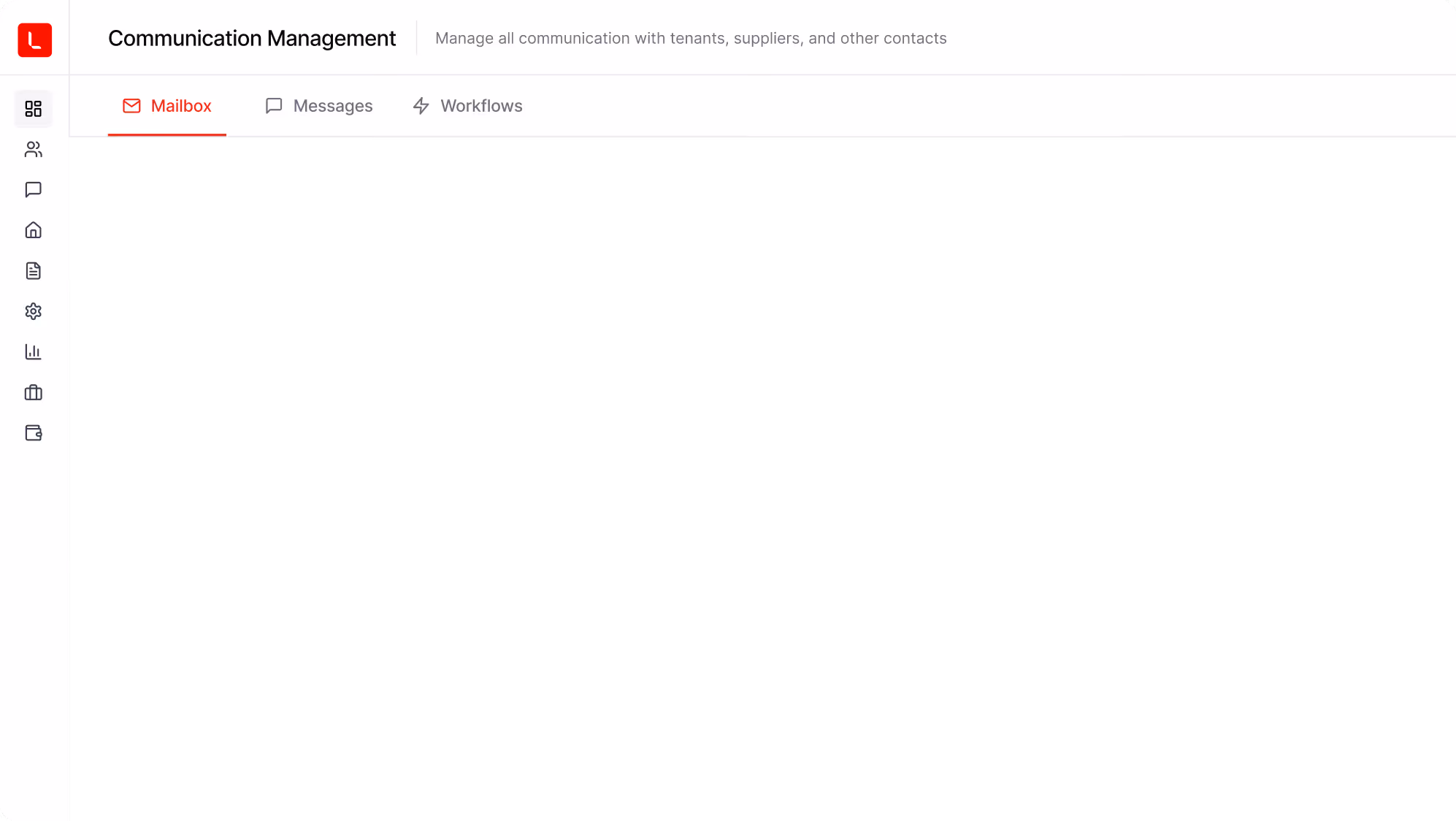 Communication management dashboard interface with mailbox, messages, and workflows tabs in Dutch.