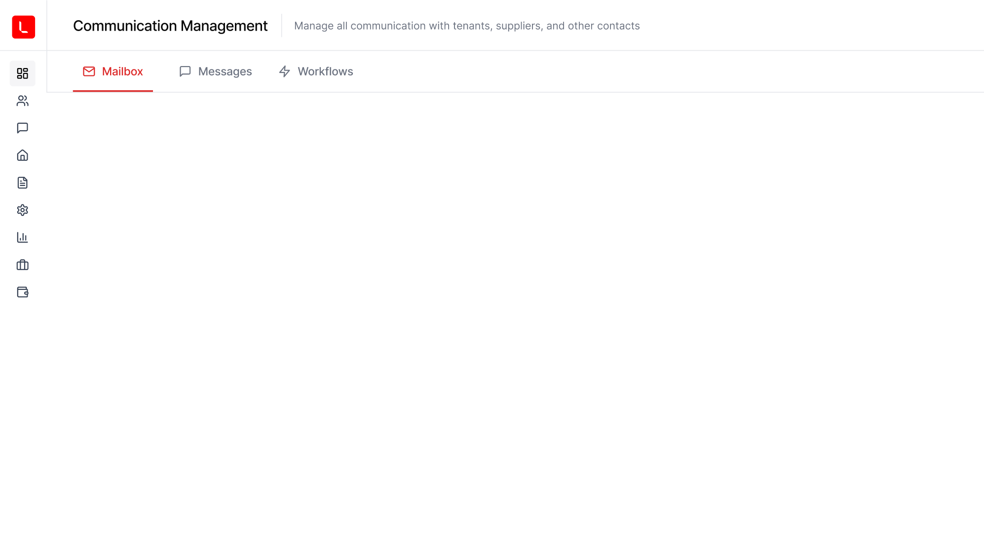 Communication management dashboard interface with mailbox, messages, and workflows tabs in Dutch.