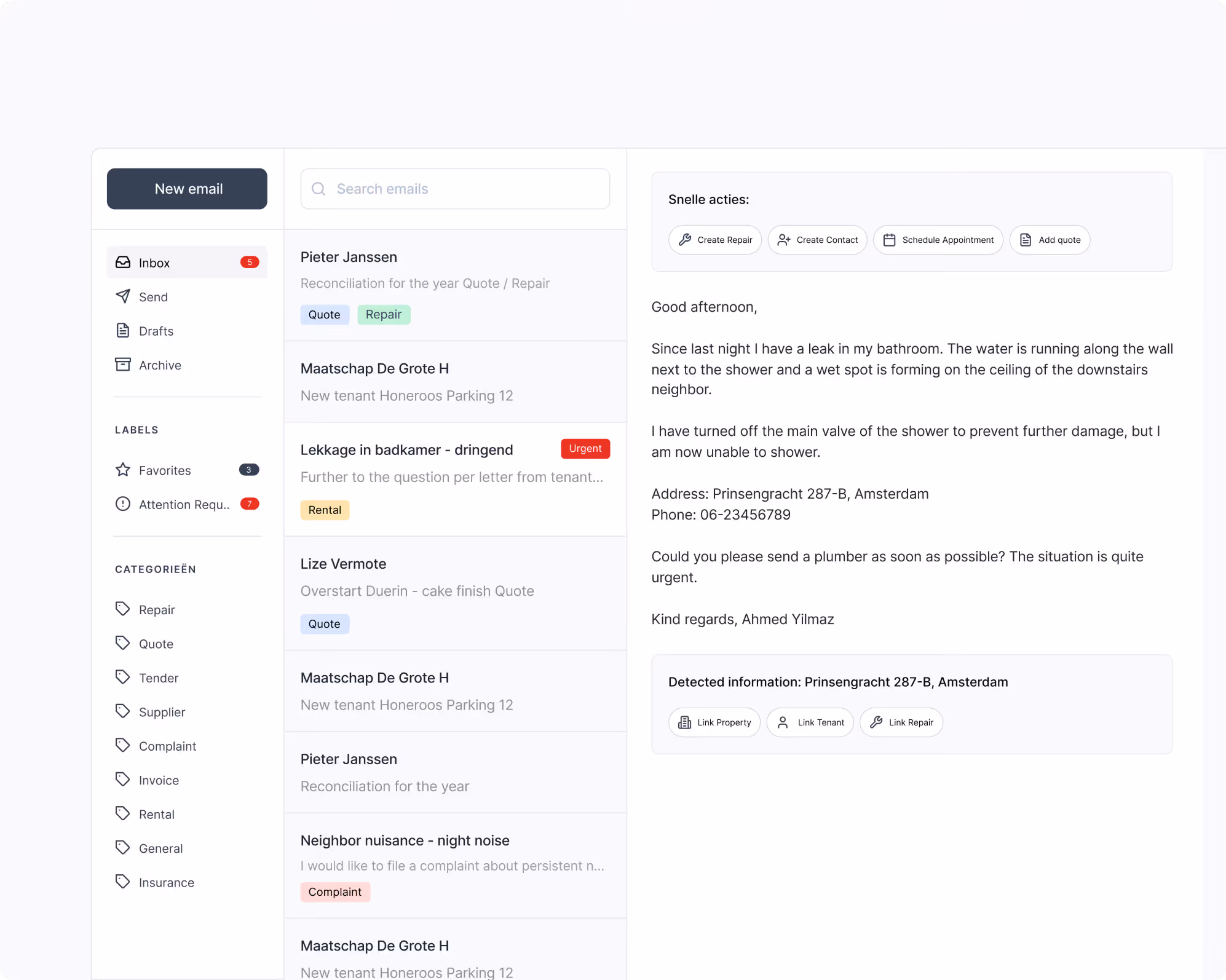 Email interface in Dutch showing urgent bathroom leak message requesting plumber at Amsterdam address.