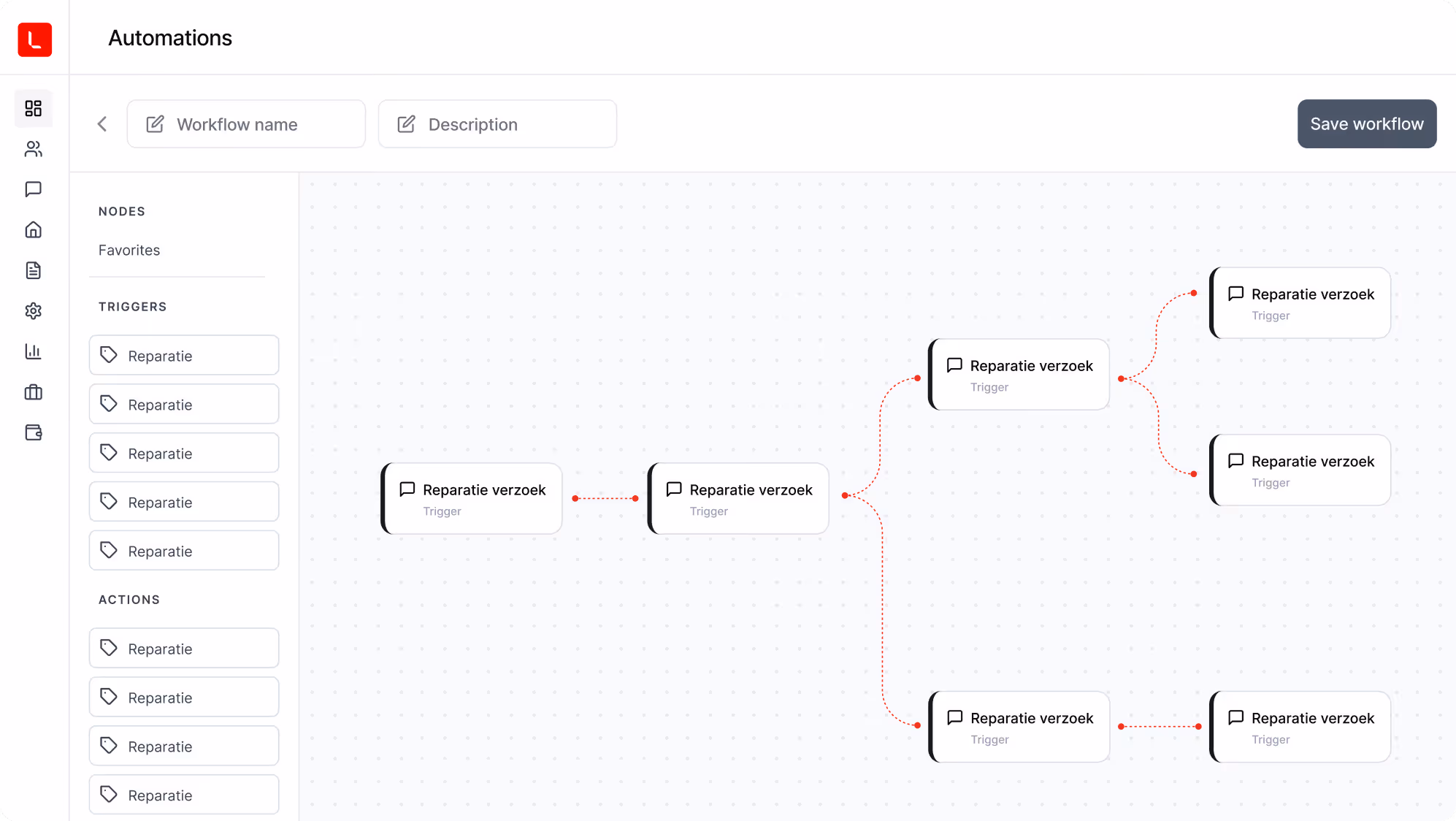 Automation workflow editor with multiple linked nodes labeled 'Reparatie verzoek' showing triggers and actions.