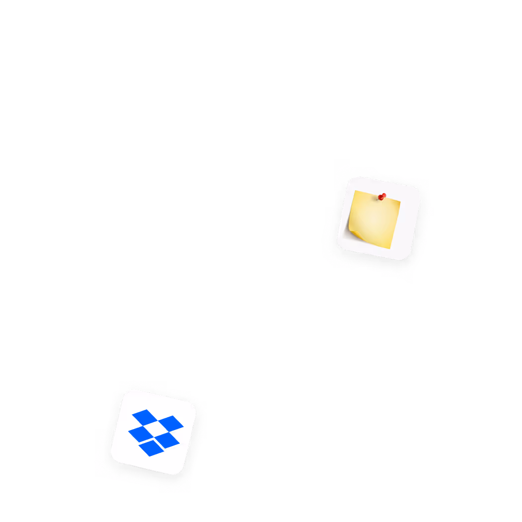 Blue Dropbox logo and a yellow sticky note pinned with a red thumbtack on white squares.