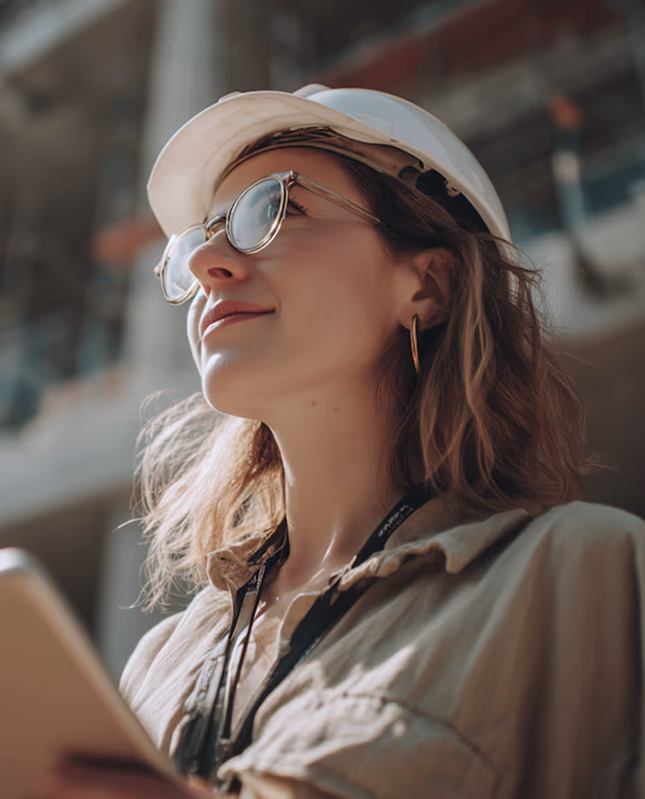 Woman wearing a white safety helmet and glasses looking up on a construction site.