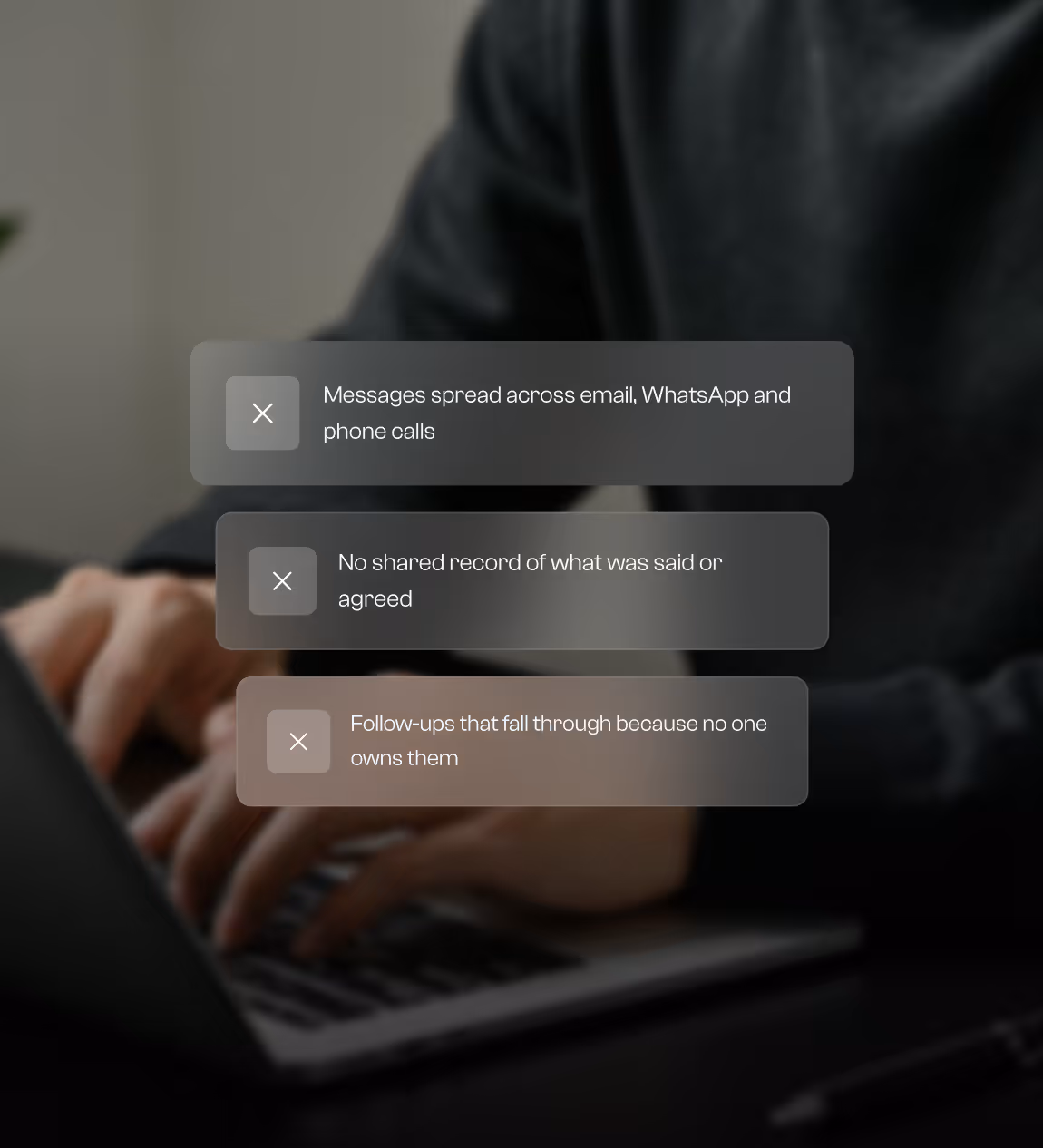 Three translucent boxes with issues: messages spread across channels, no shared record, and unowned follow-ups.