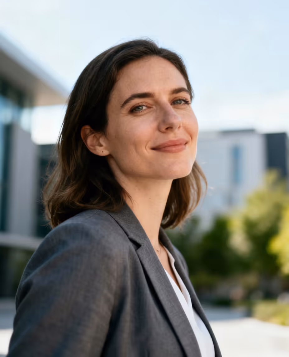 Confident woman in gray blazer smiling outdoors in an urban setting with blurred buildings behind.