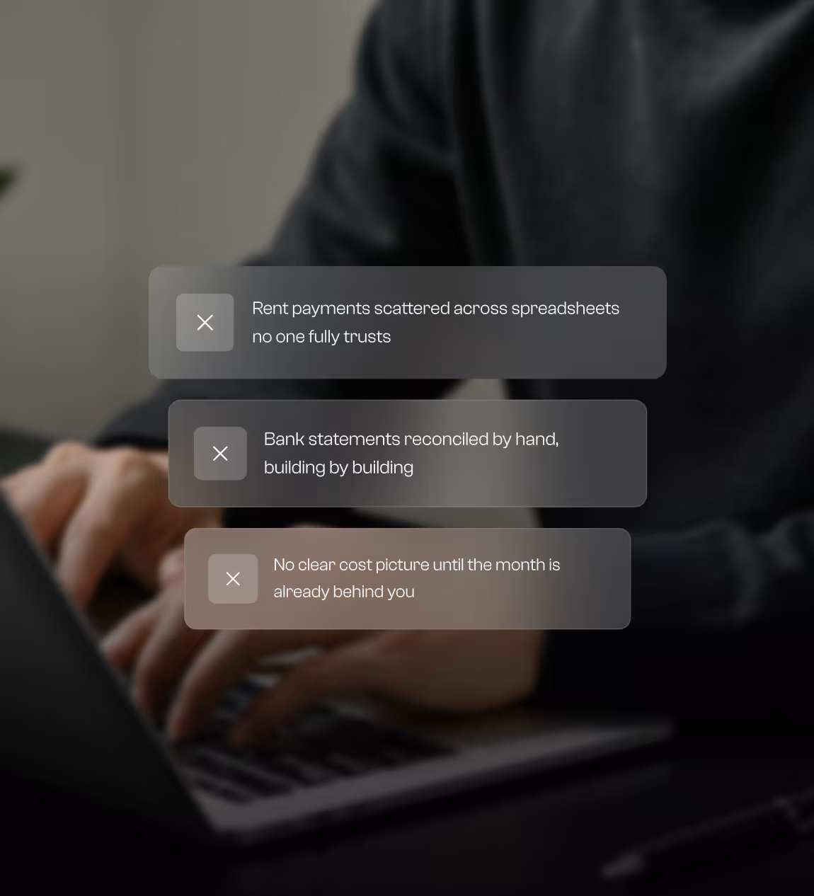 Hands typing on a laptop with overlay text about issues in rent payments and bank statement reconciliation.
