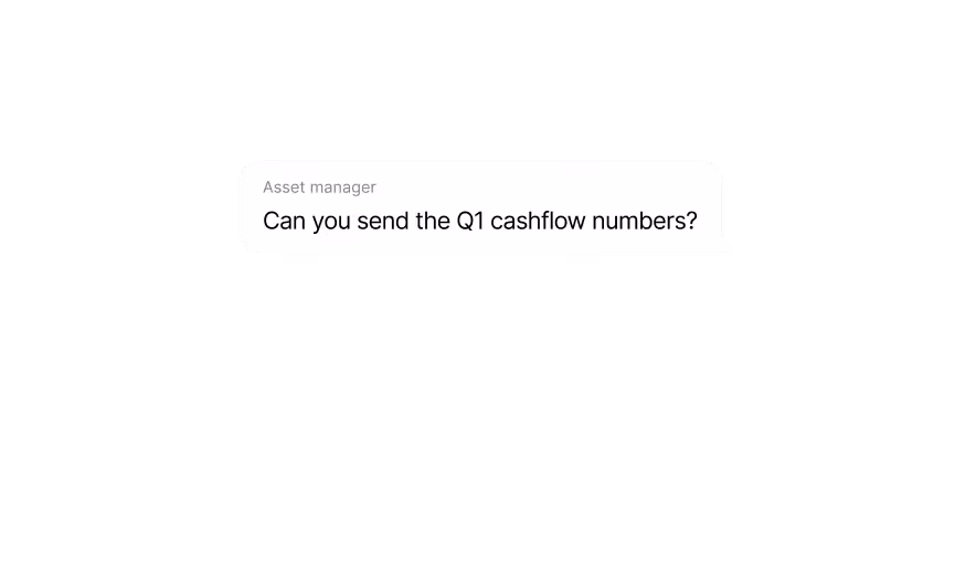 Text message from asset manager asking, 'Can you send the Q1 cashflow numbers?'