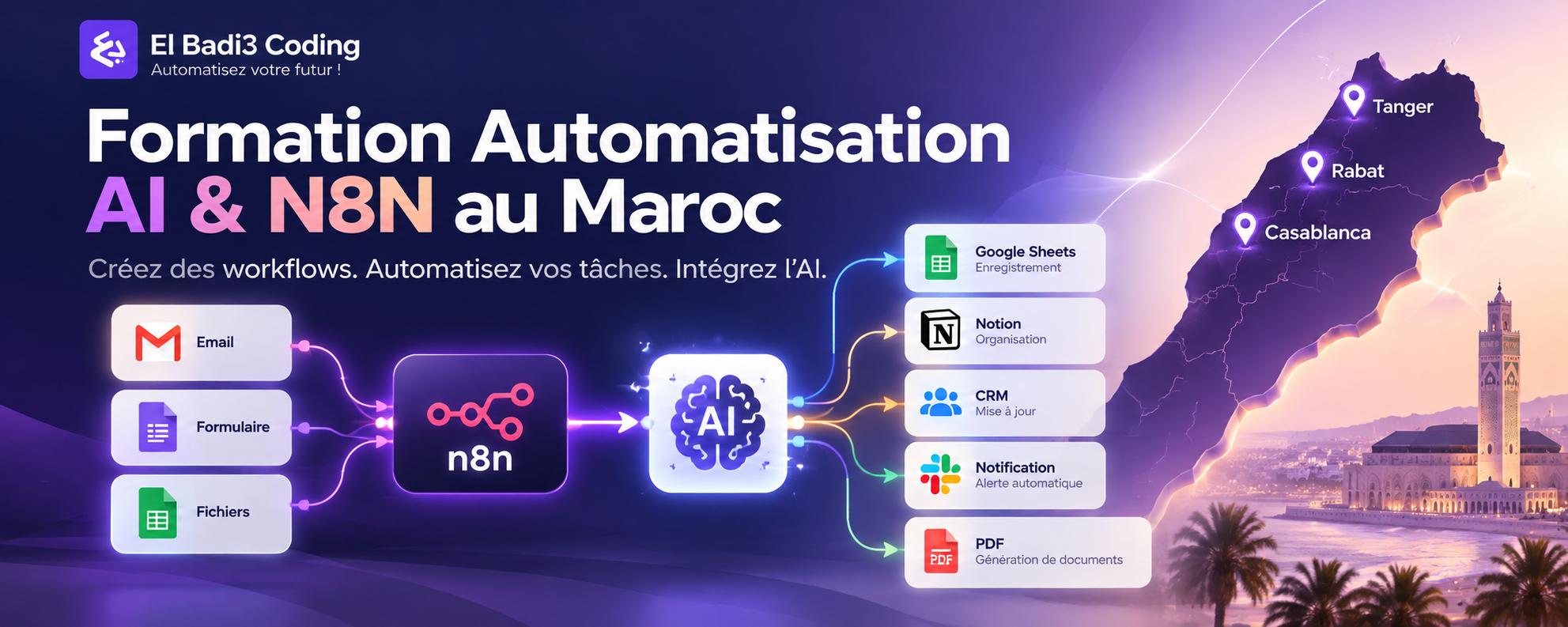 Formation Automatisation AI et N8N au Maroc avec workflows et automatisation des tâches professionnelles