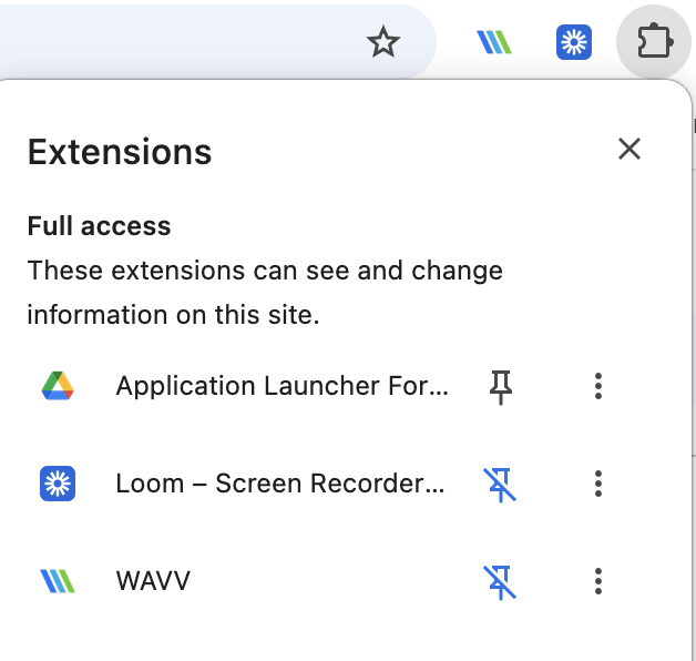 Chrome toolbar puzzle piece menu with WAVV extension pin icon