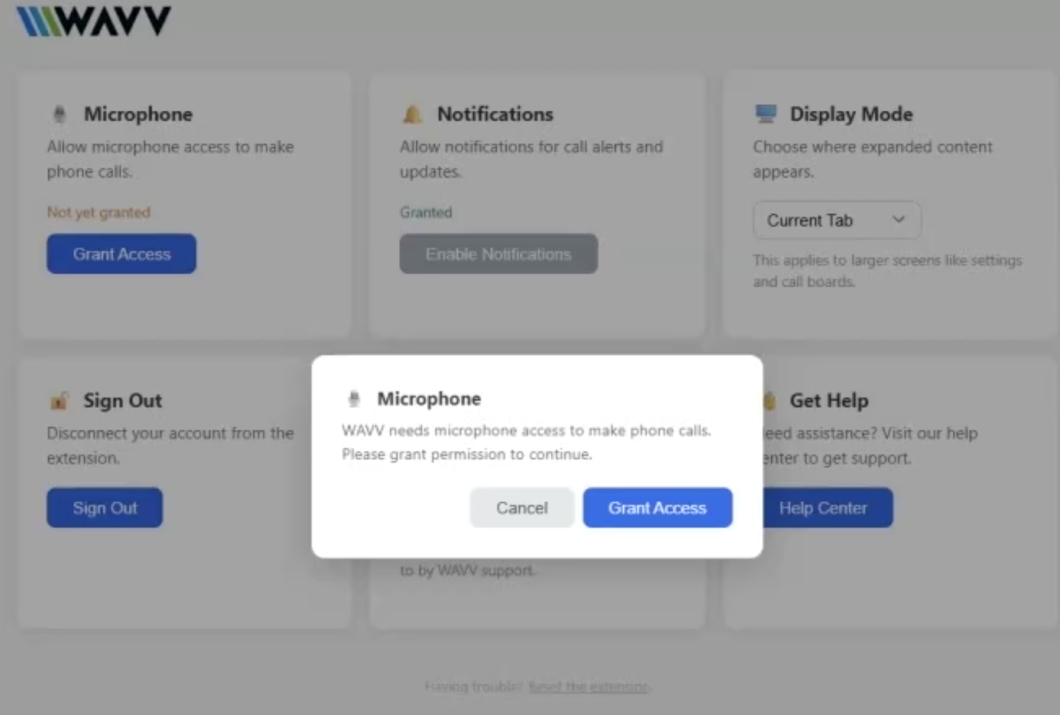 WAVV microphone and notification permissions panel