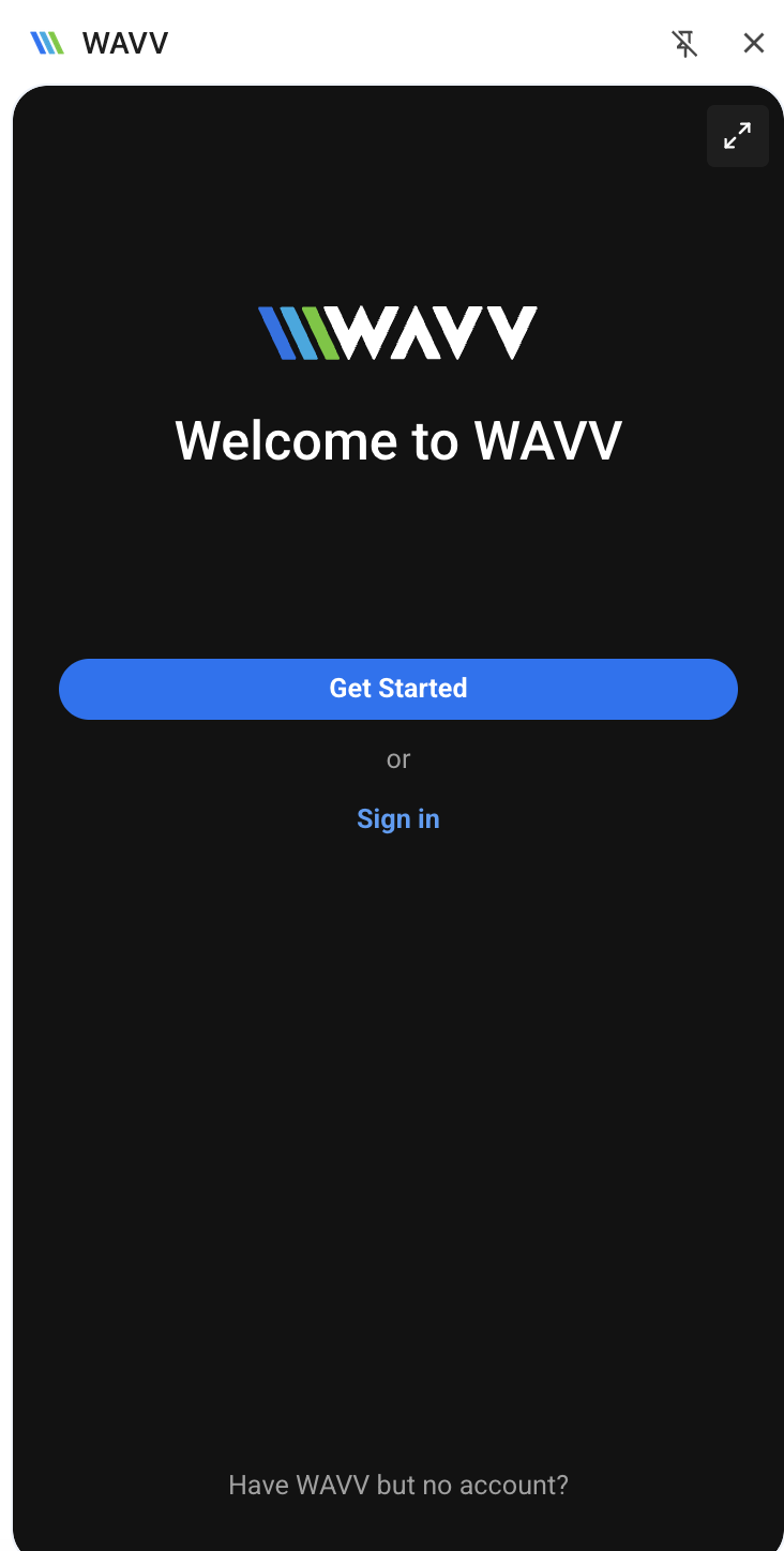 WAVV side panel welcome and sign in screen