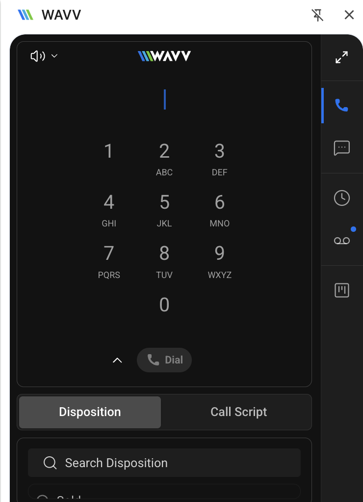 WAVV dial pad interface with disposition and script tabs