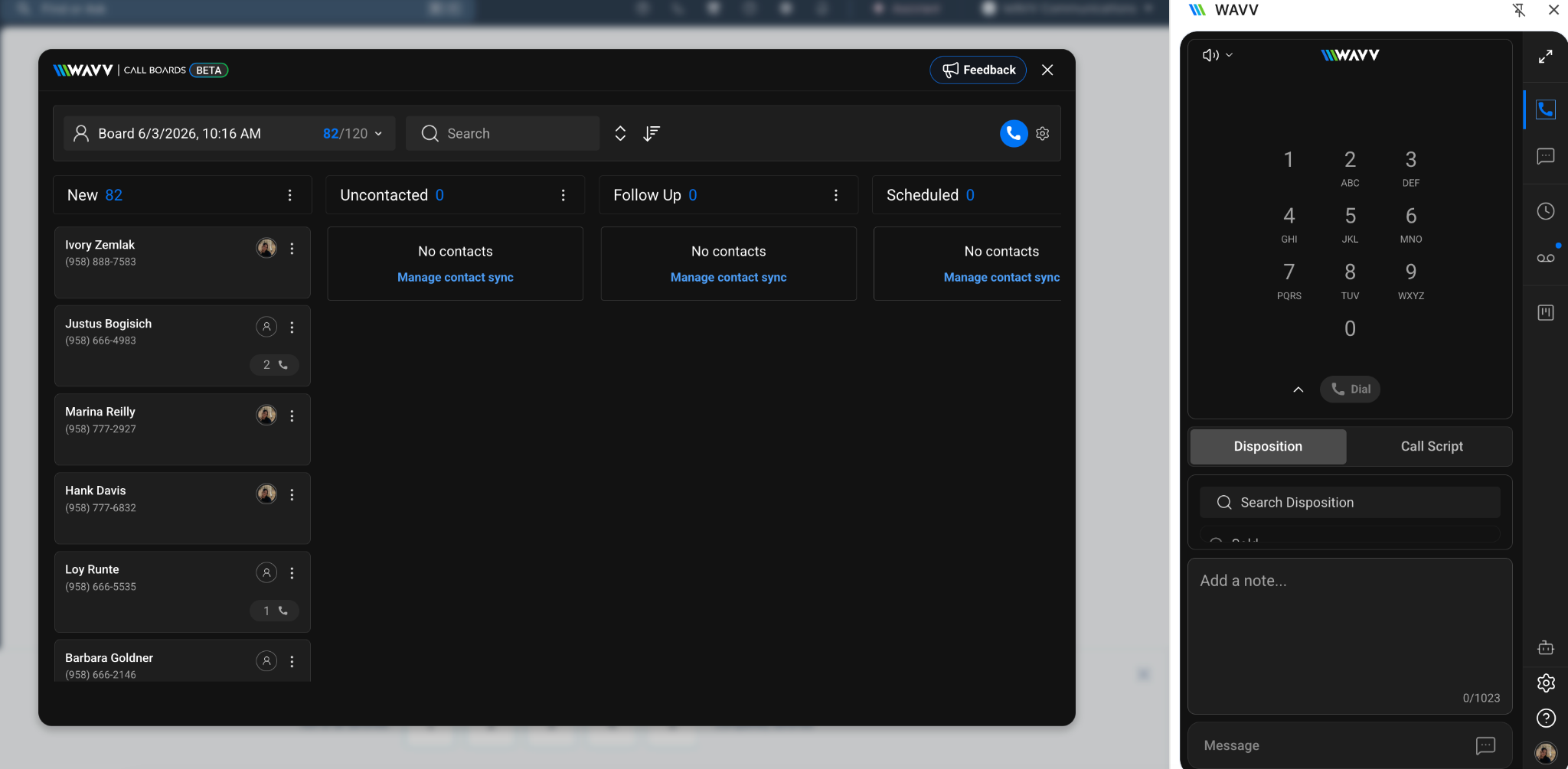 WAVV Callboard and Manager view with display mode options