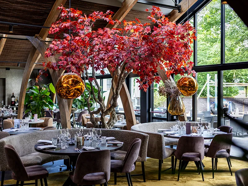 Lichte restaurantzaal met grote glazen gevel, rode esdoorns en amberen glazen hanglampen in een warm horecalichtplan