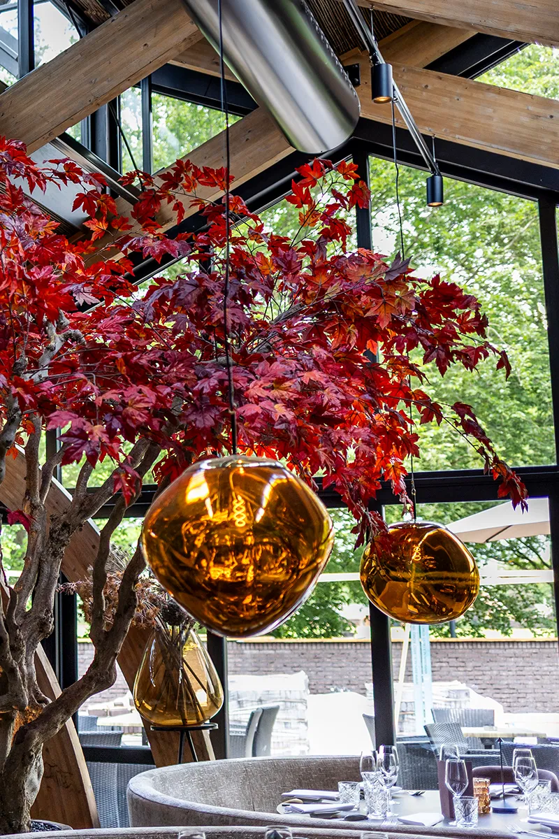 Detailopname van twee amberen glazen bolhanglampen voor rode esdoorn in lichtrijke restaurantruimte met zwart staalframe