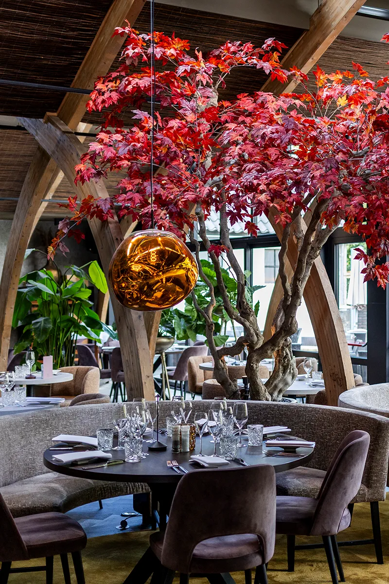 Ronde gedekte tafel in restaurant met gouden bolhanglamp en grote rode esdoorn tussen houten boogbalken