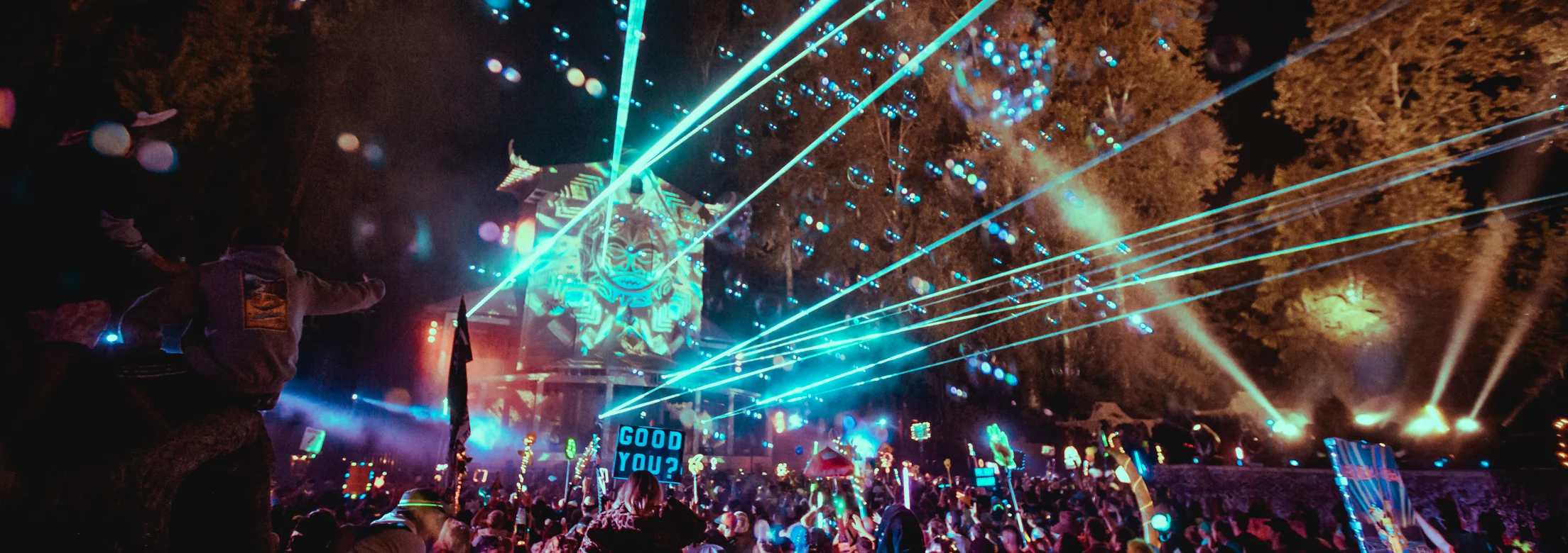 bubbles float and lasers beam through the Pagoda stage at Shambhala Music Festival - voted best festival in America