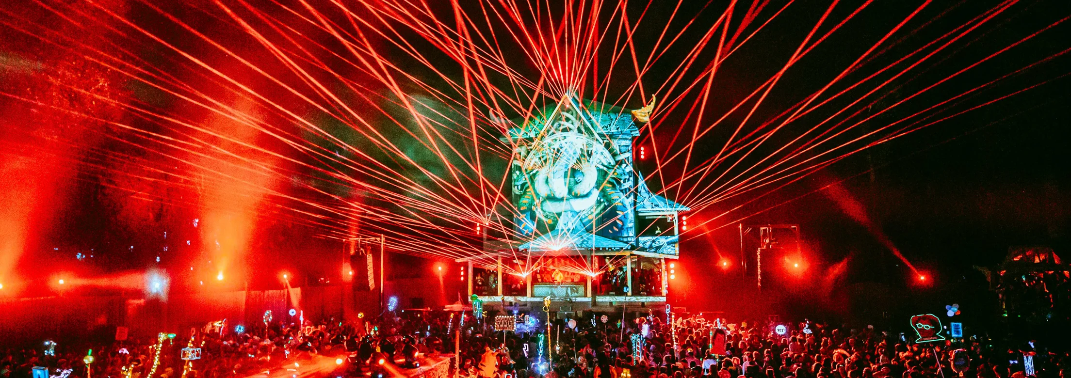 Shambhala 2024 - the Pagoda transforms into almost anything you can imagine. Mystikal creatures, Gothic temples, spirits, animals.