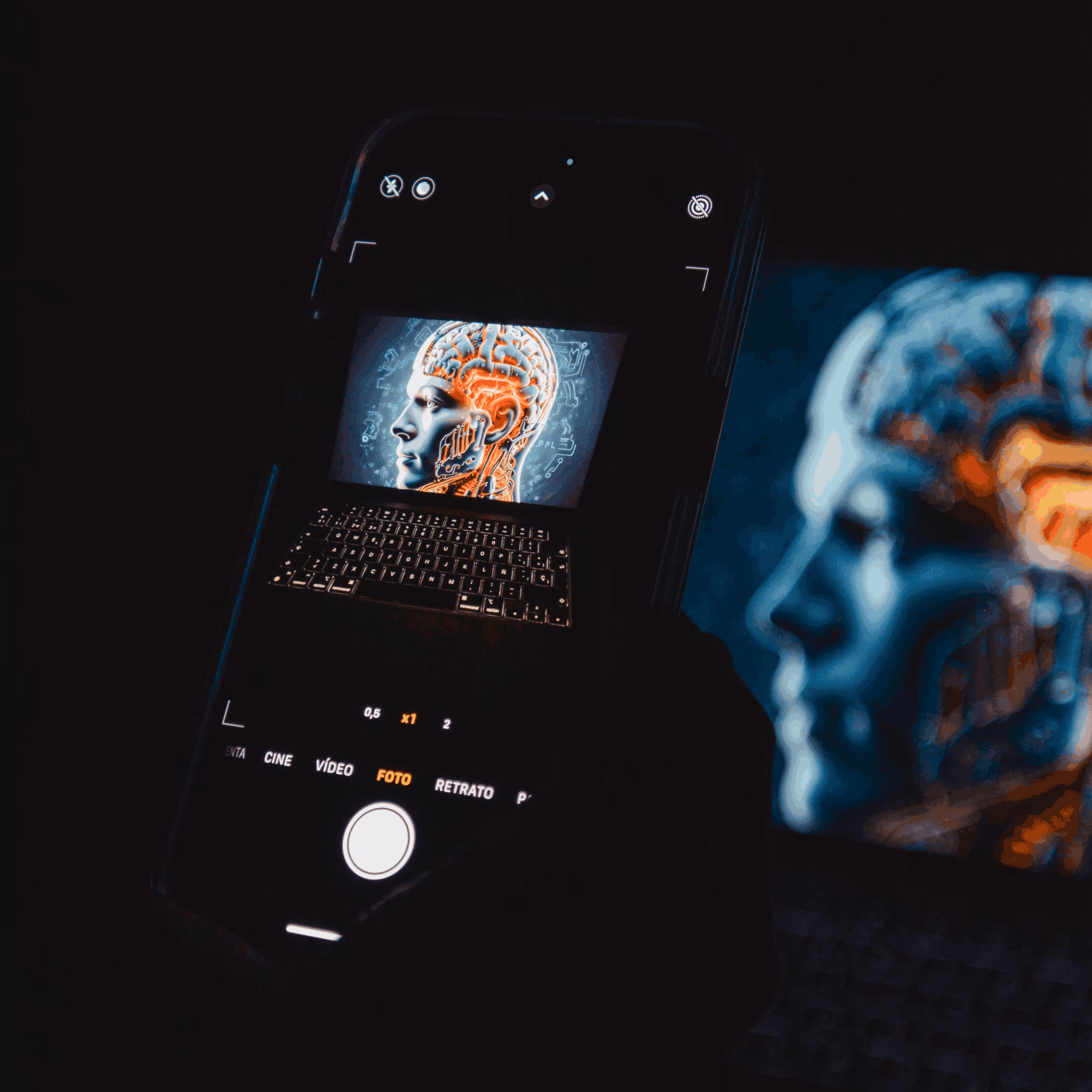 Smartphone screen capturing an image of a human head with highlighted brain circuits in orange and blue tones.