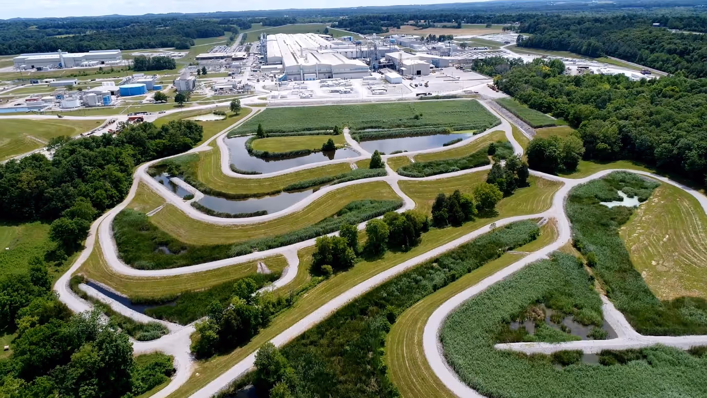 Aerial drone view of the Logan Aluminum facility and surrounding wetlands