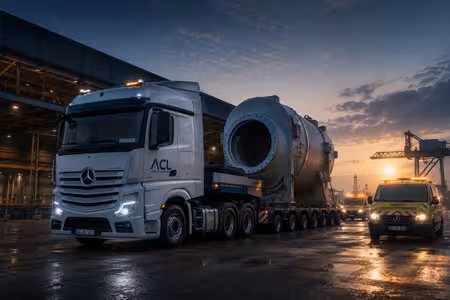 ACL-Schwertransport mit Industriebehälter bei nächtlicher Verladung