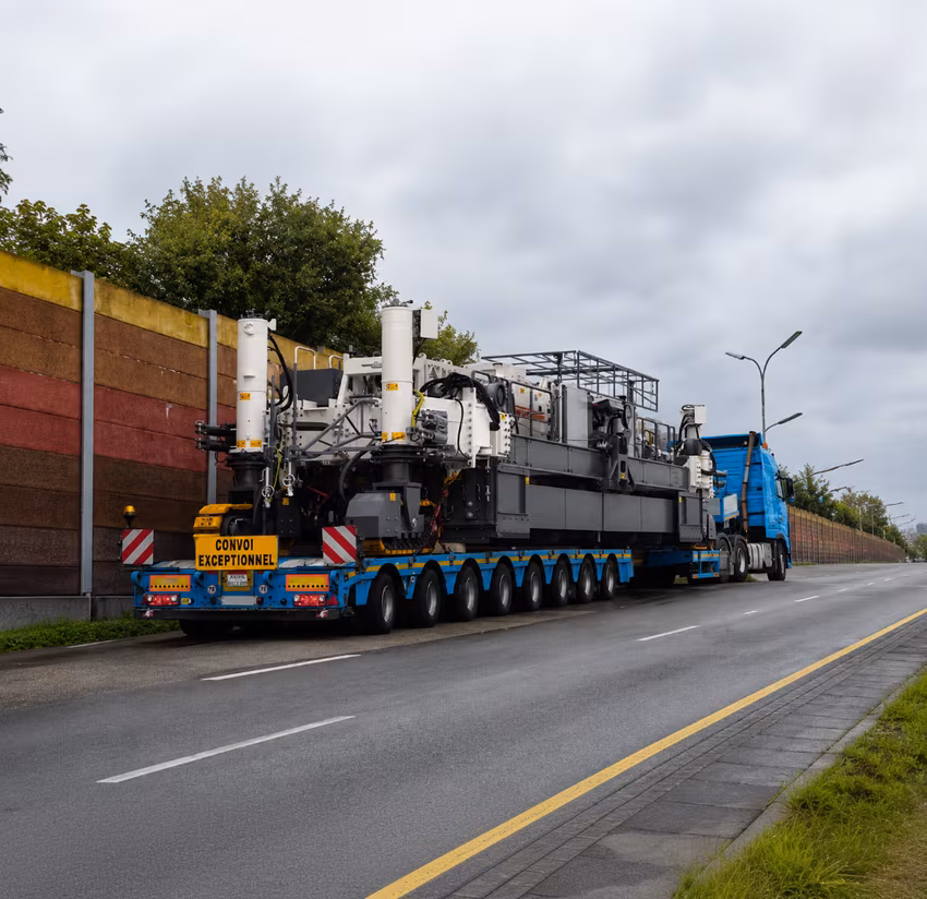 Große Industriemaschine auf einem mehrachsigen Spezialauflieger während eines Sondertransports