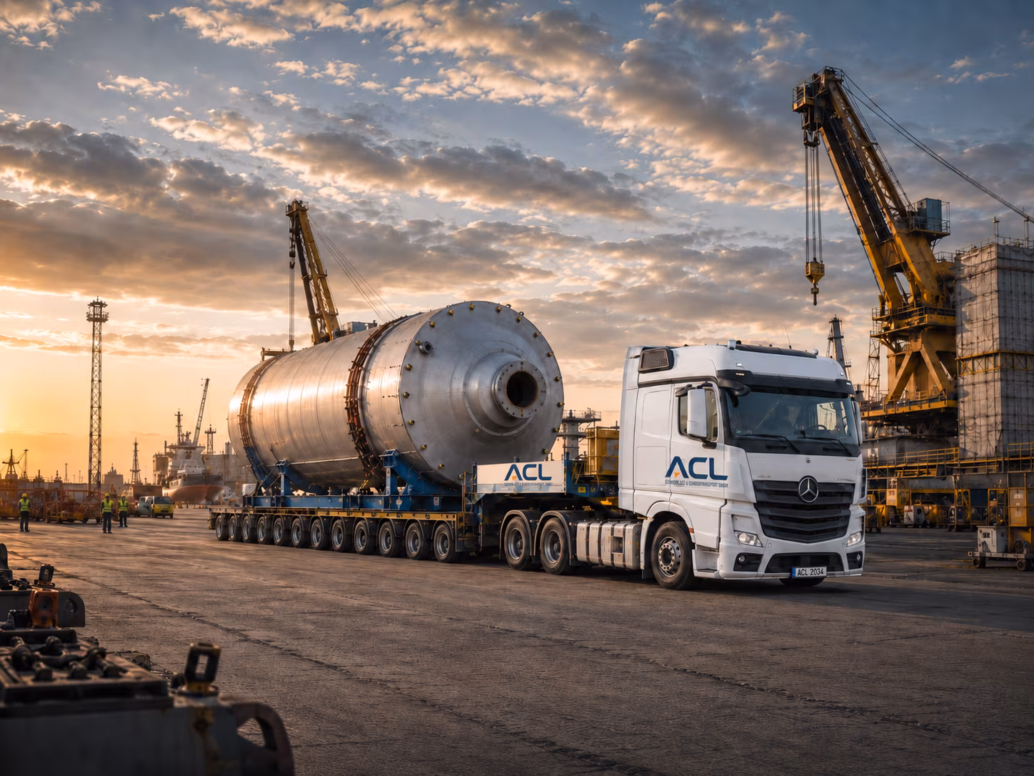 ACL-Schwertransport mit großem Industriebehälter auf einem mehrachsigen Auflieger