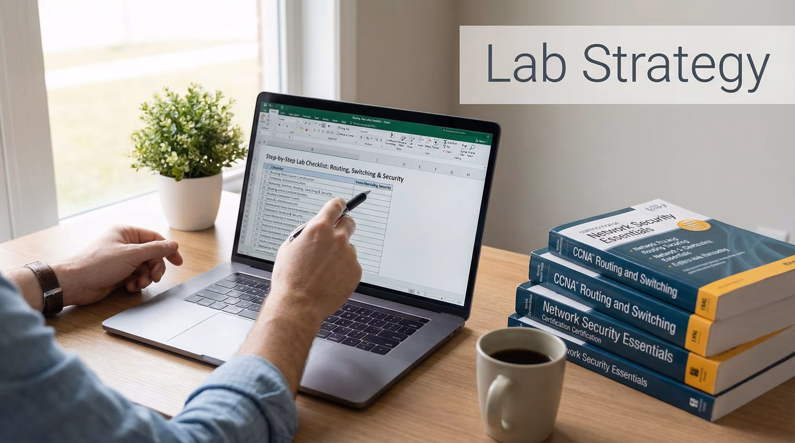 person-reviewing-networking-lab-checklist-on-laptop