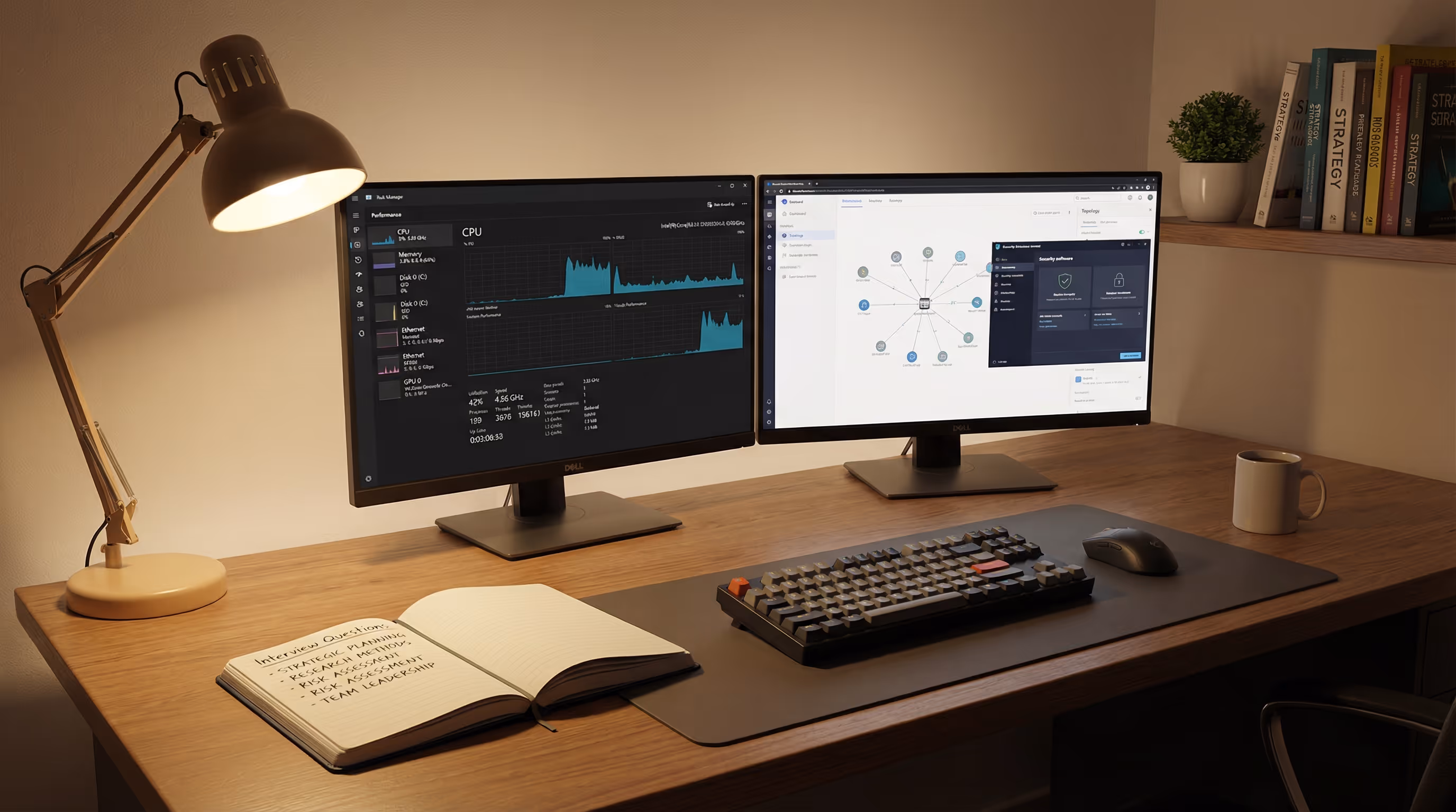 dual-monitor-workspace-with-network-dashboards-and-interview-question-notes