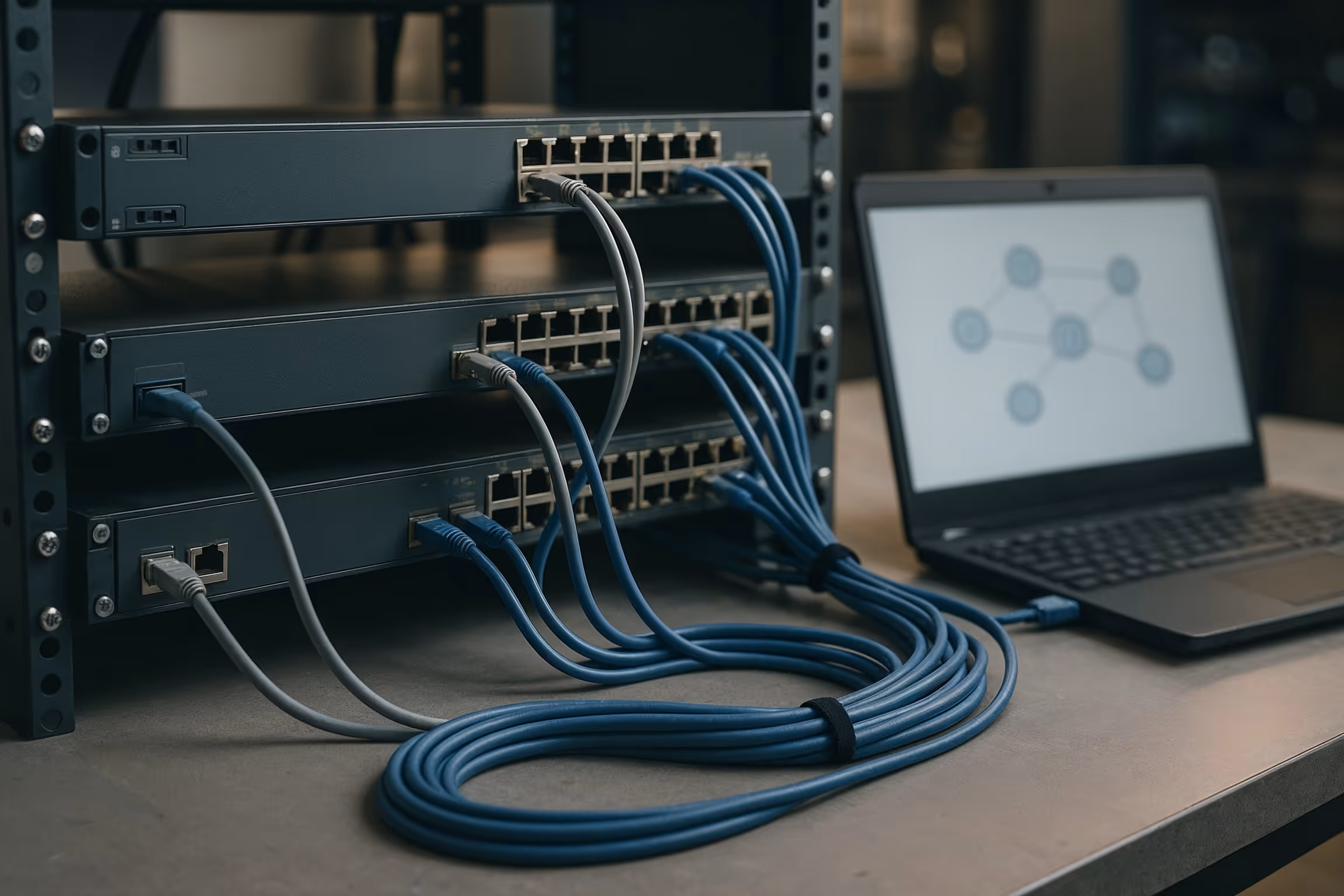 IT Certifications & Skills Training network lab bench with routers, switches, and console cables in realistic lighting