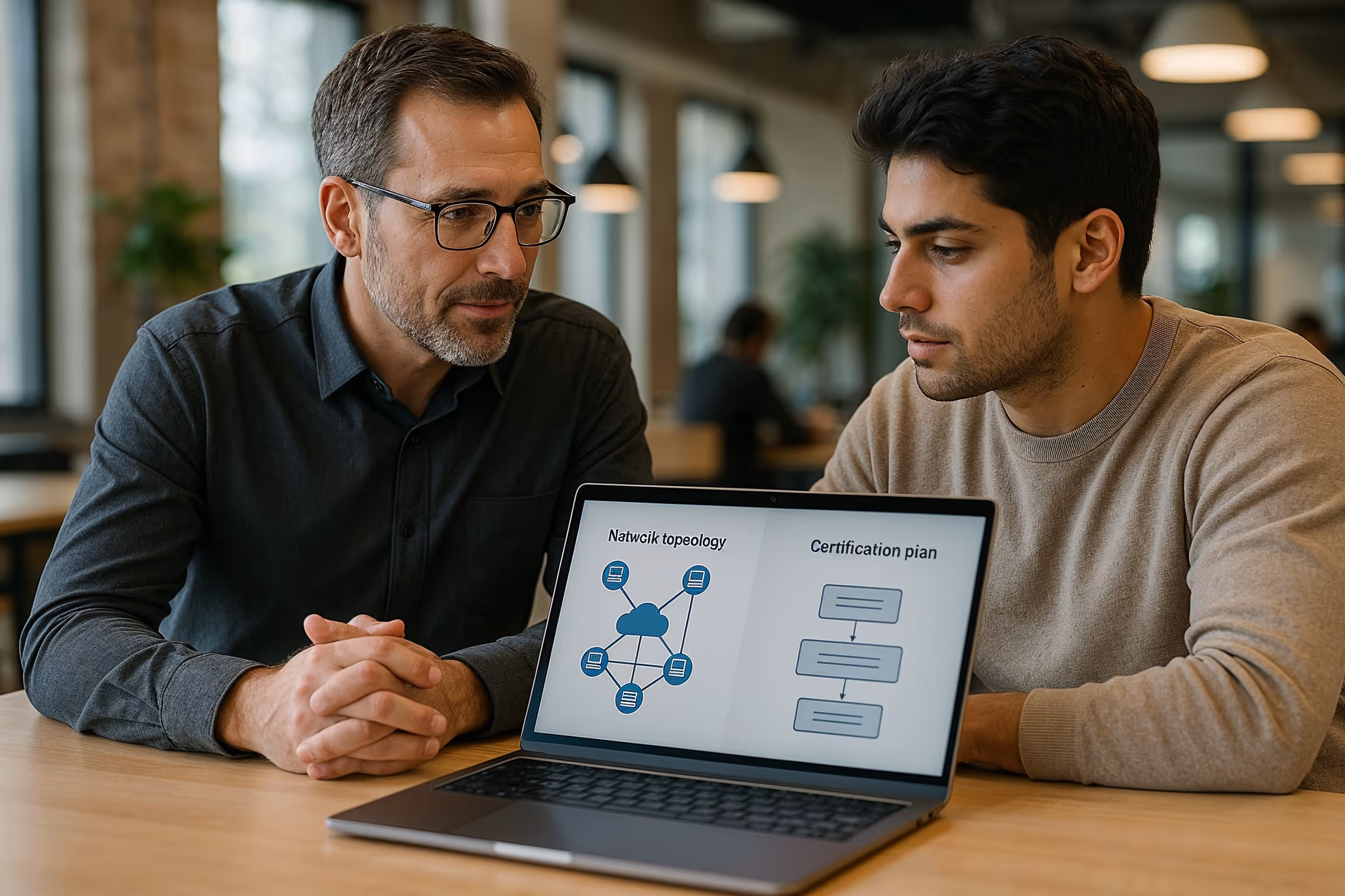 IT Career Transitions & “No Experience” Entry: mentor and career changer reviewing certifications and portfolio in a modern workspace