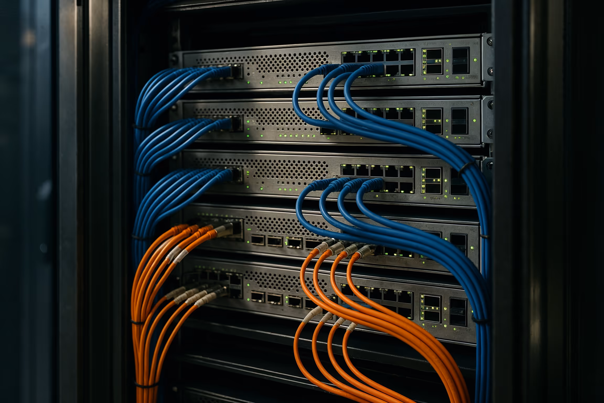 Common network protocols every engineer should know illustrated by a hyper-realistic close-up of Ethernet switches and fiber cables in a data center