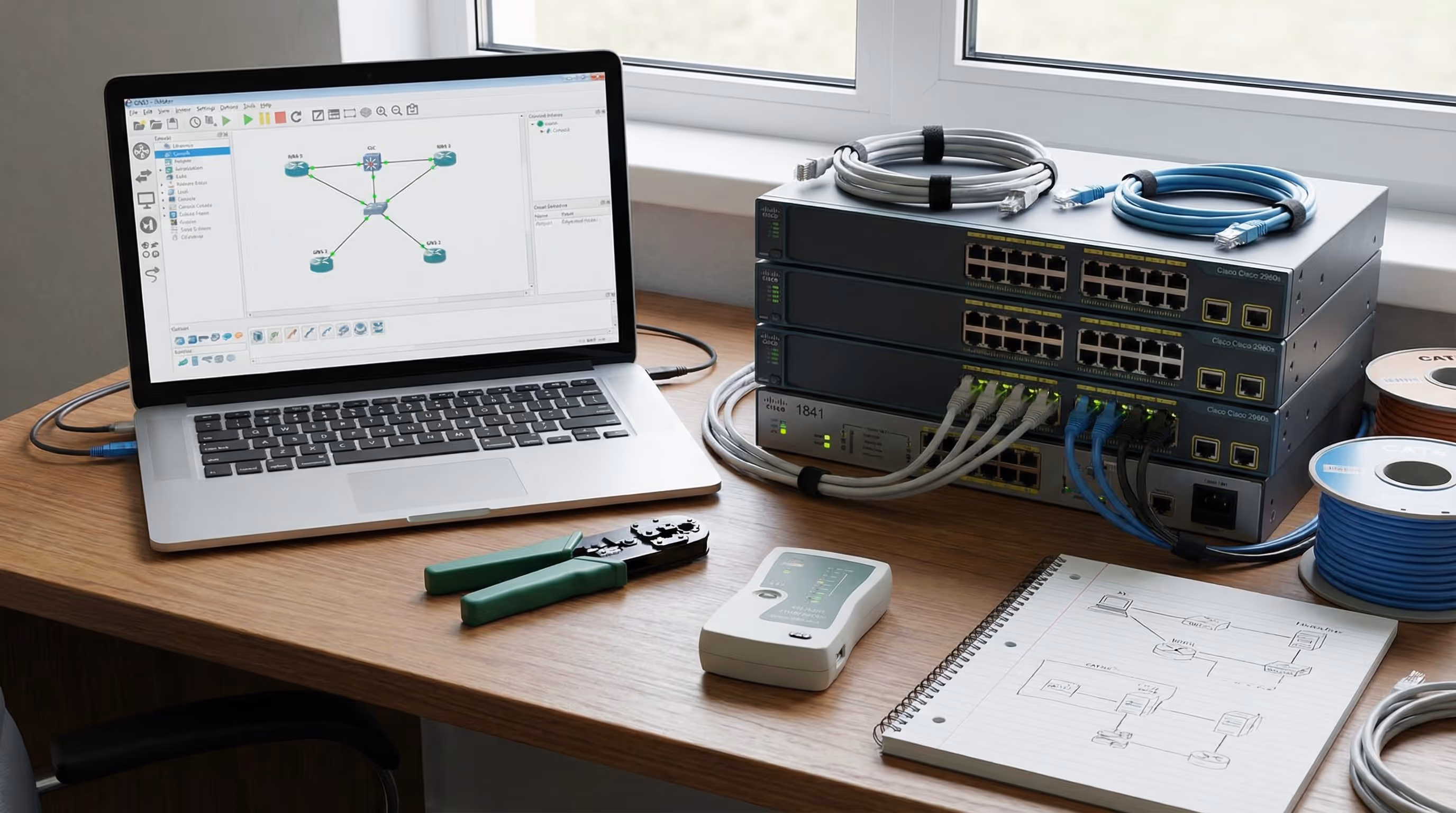 home-lab-setup-with-laptop-switches-router-and-network-simulator