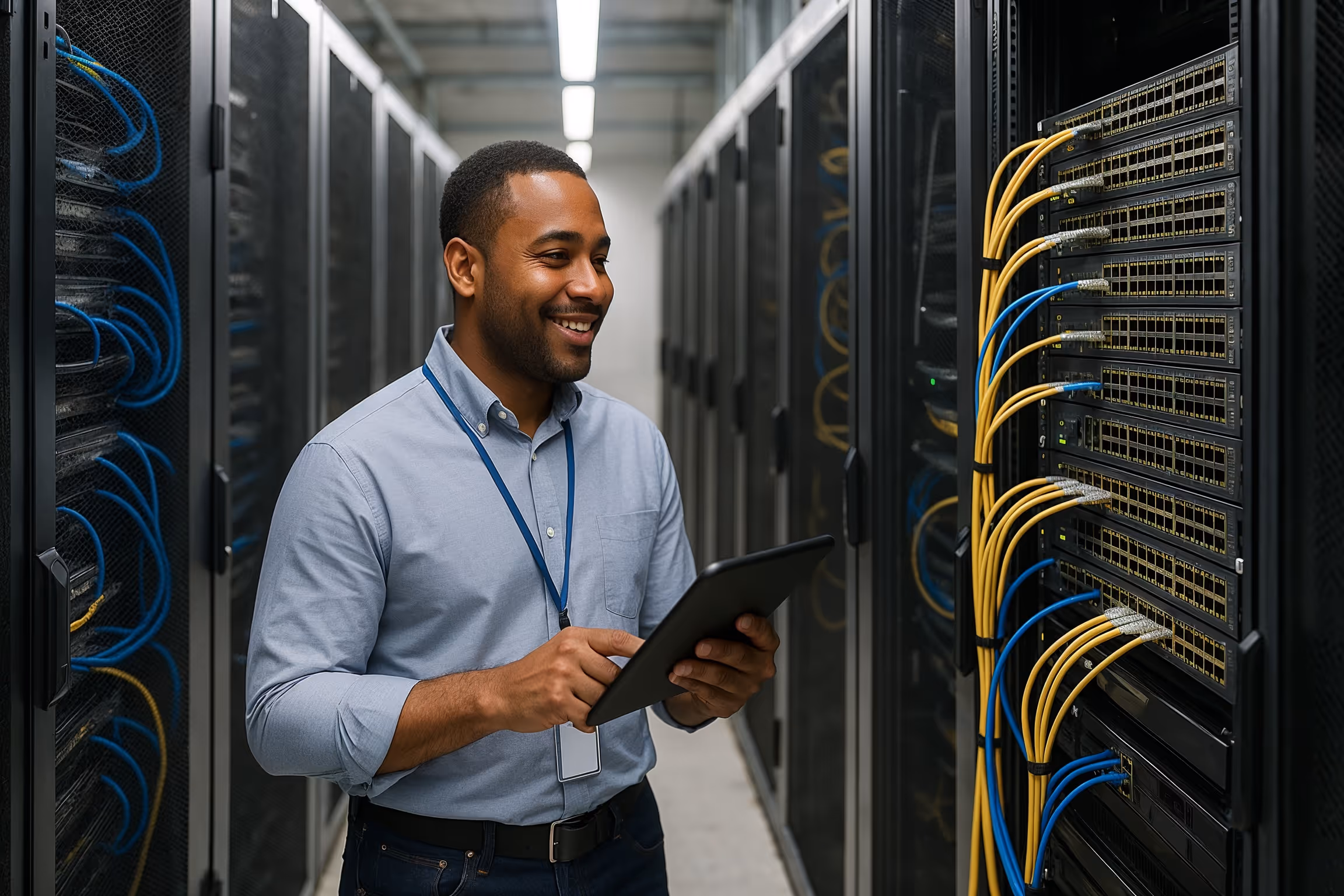 hottest IT careers 2025 cybersecurity networking – network engineer in data center with switches and cabling