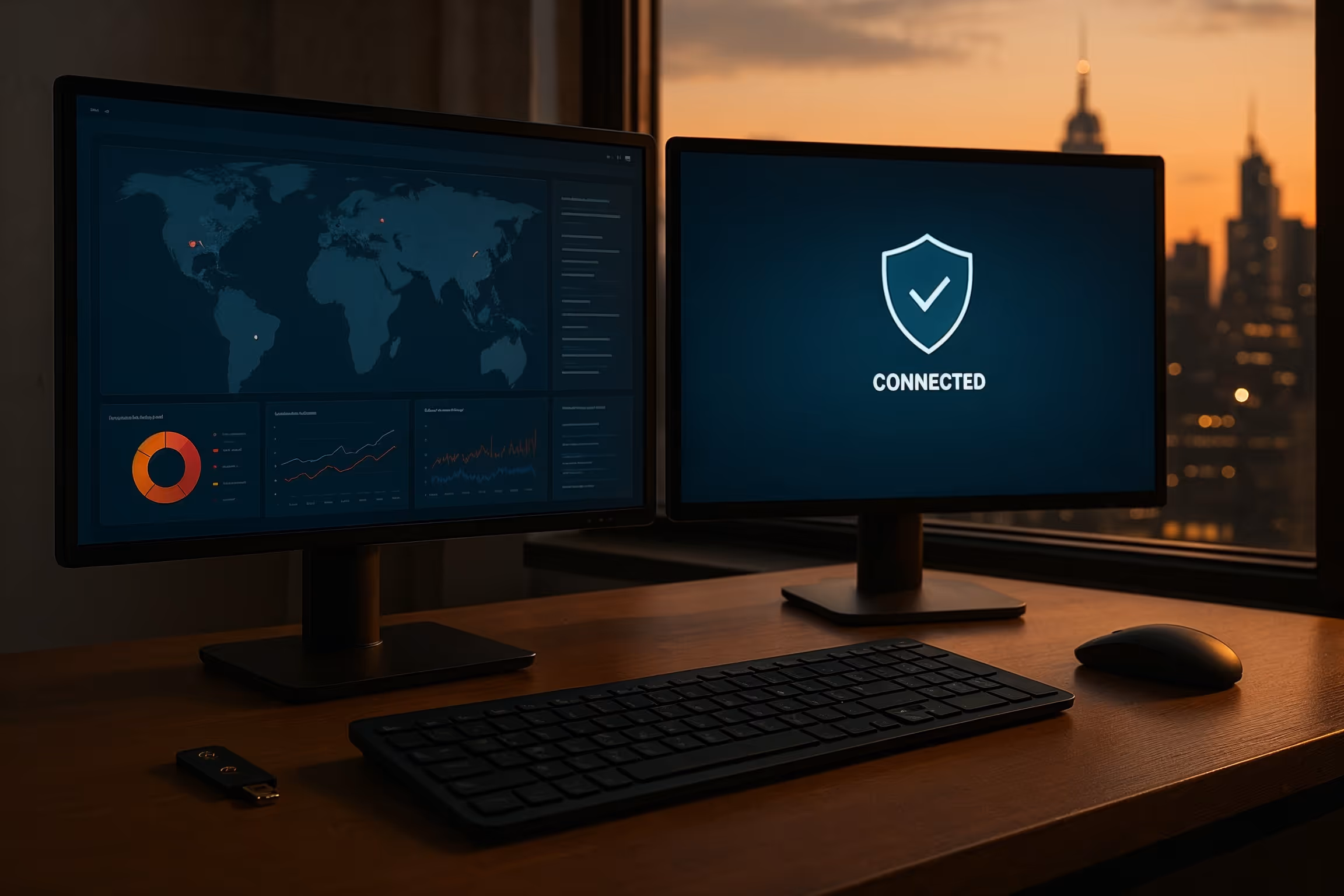 future of work remote IT jobs networking – hyper-realistic remote workstation with cybersecurity dashboard, VPN status, and cloud networking on dual monitors