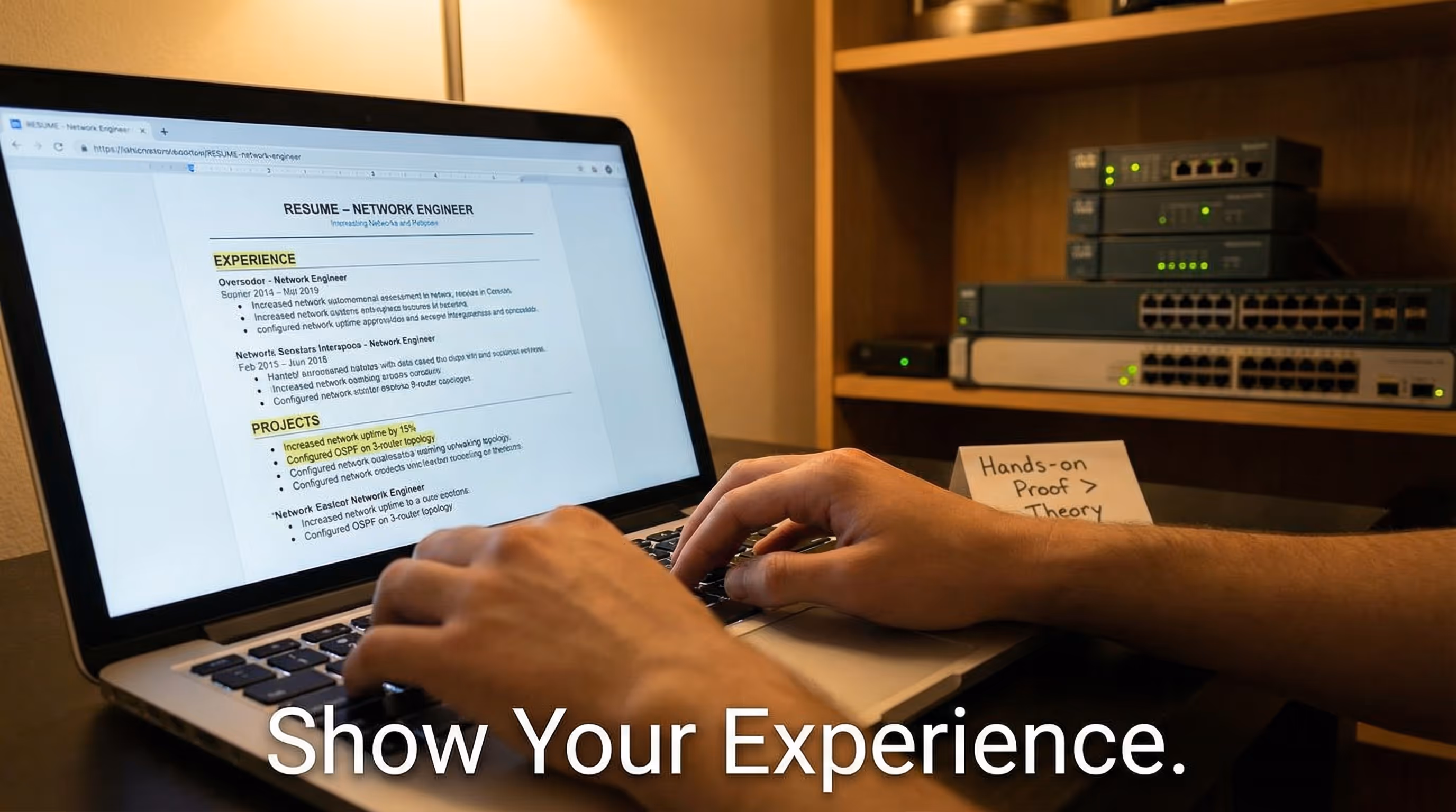editing-resume-next-to-networking-home-lab-equipment