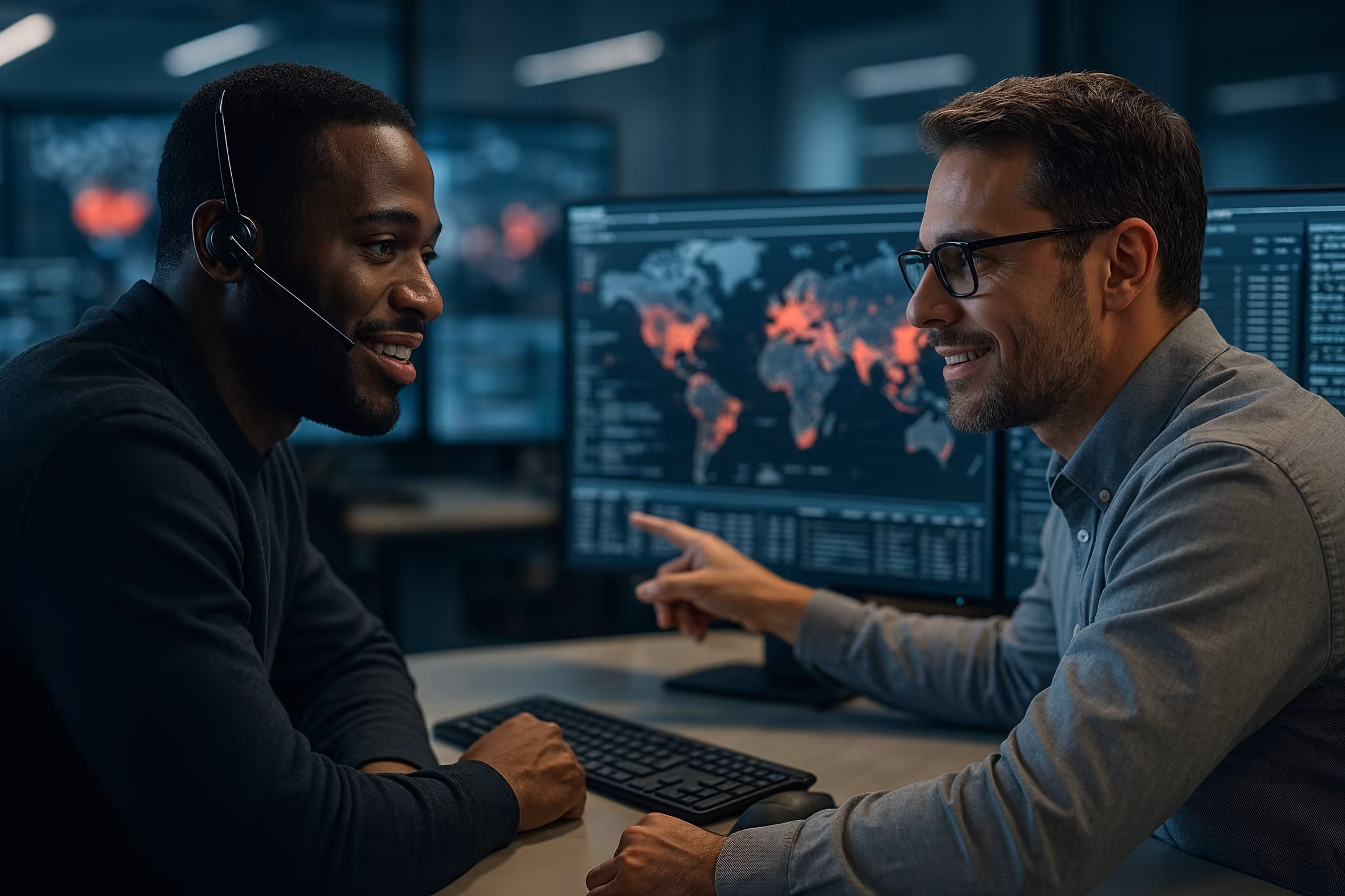IT skills gap 2025 what you need to know – security operations center with two analysts reviewing live threat data