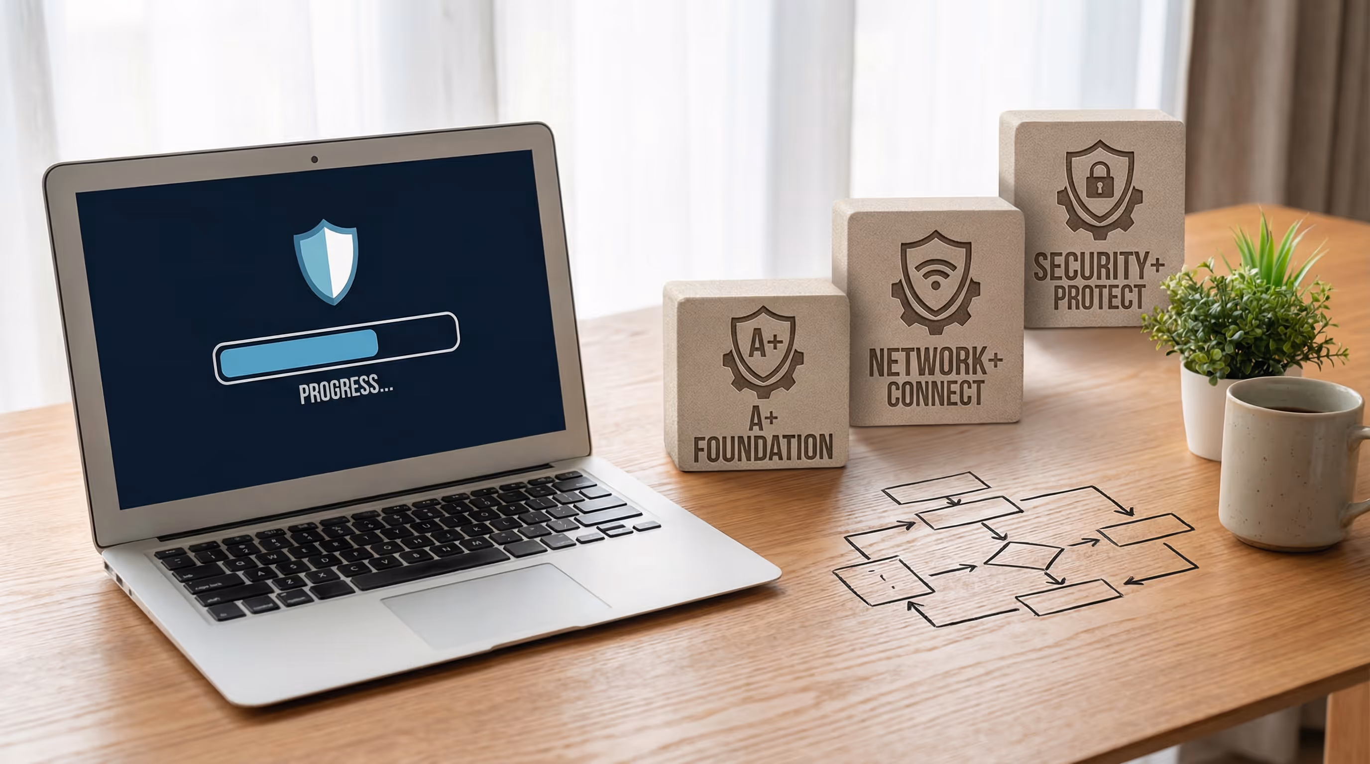 entry-level-it-certification-icons-on-desk-next-to-laptop