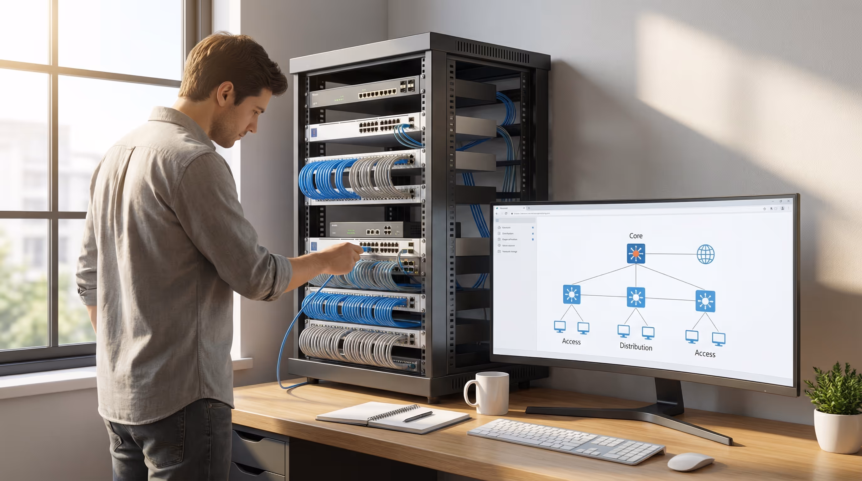 network-engineer-configuring-hardware-and-reviewing-topology