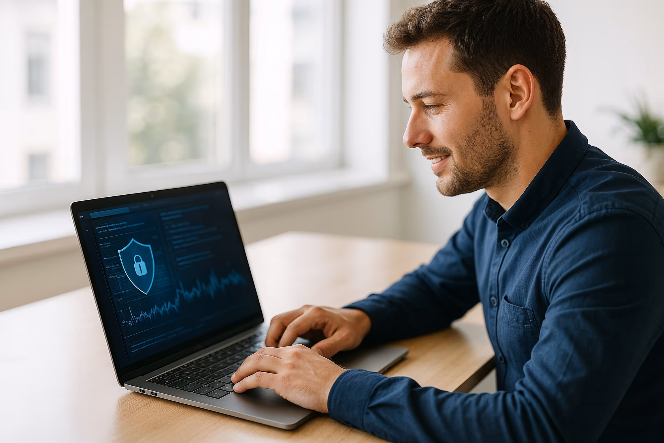 Real‑World Networking & Cybersecurity Concepts illustrated by network traffic analysis in a bright modern office