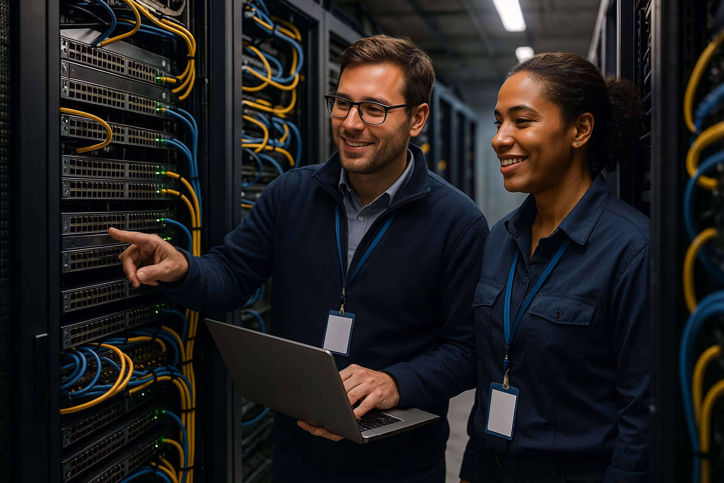 Real‑World Networking & Cybersecurity Concepts in a secure data center with two engineers inspecting switches and cabling