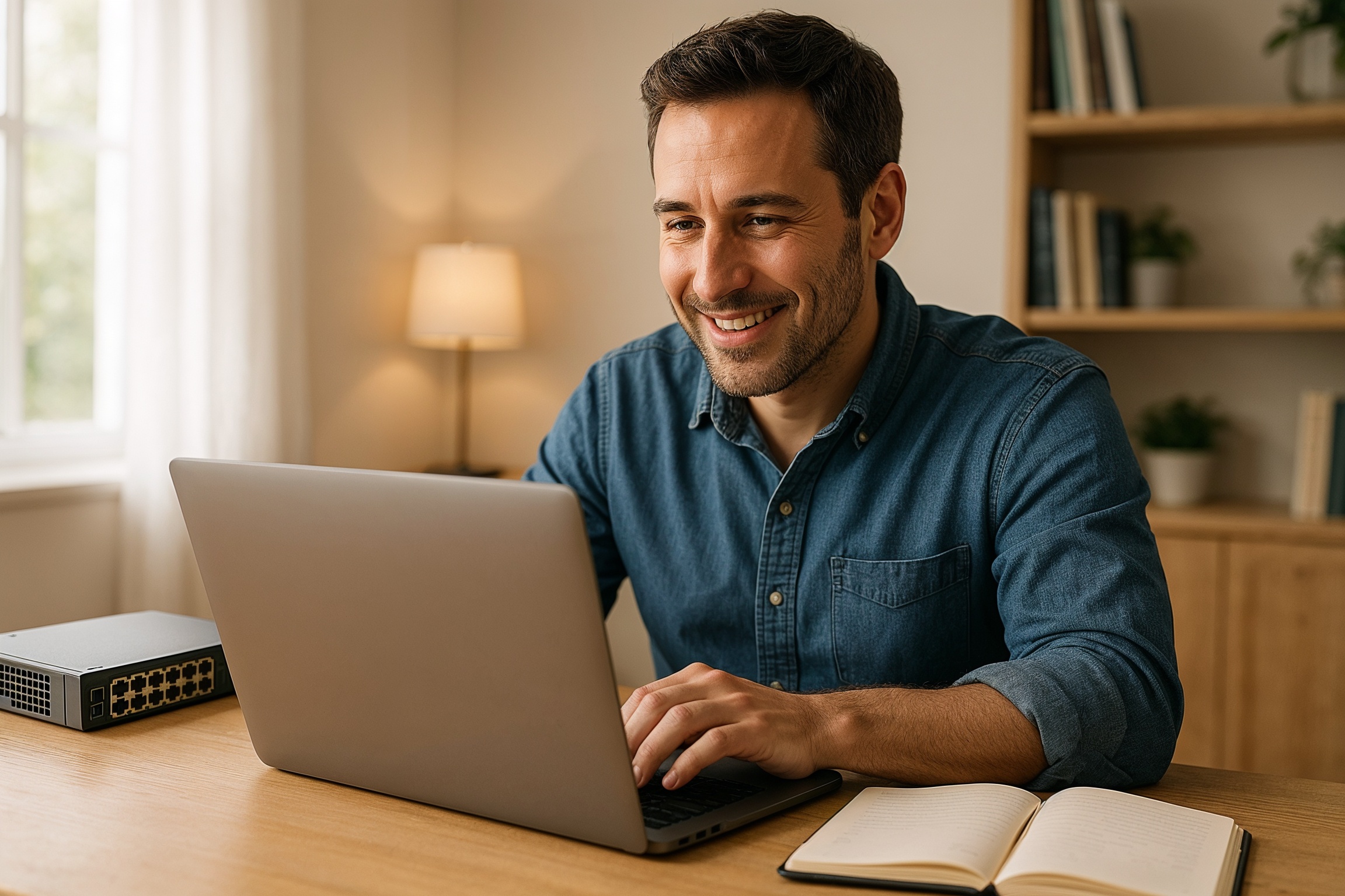 Demand for network engineers in USA highlighted by a professional adult practicing network automation labs on a laptop in a bright home office