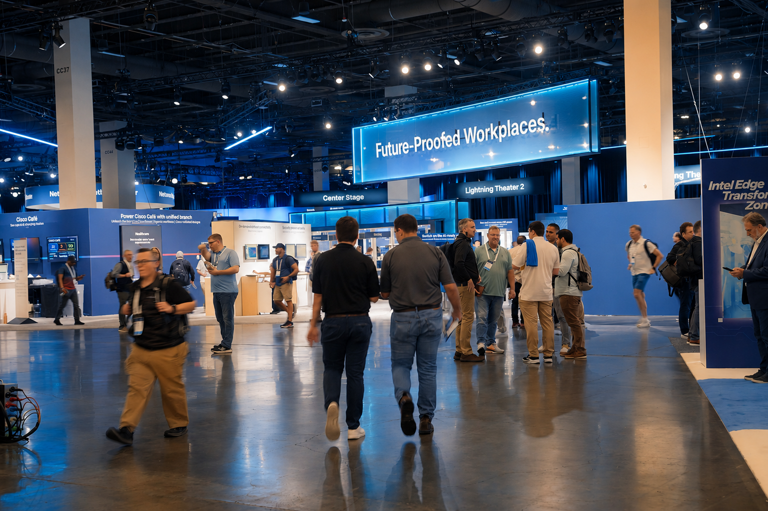 Attendees networking on the Cisco Live conference floor
