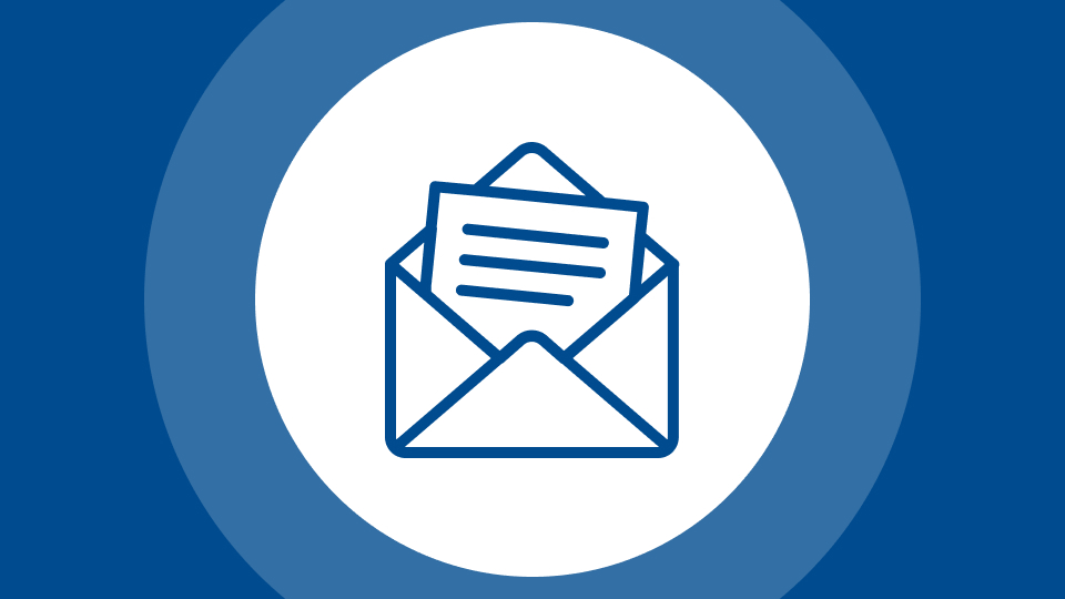 Icon of an open envelope with a letter inside a white circle against a blue background.